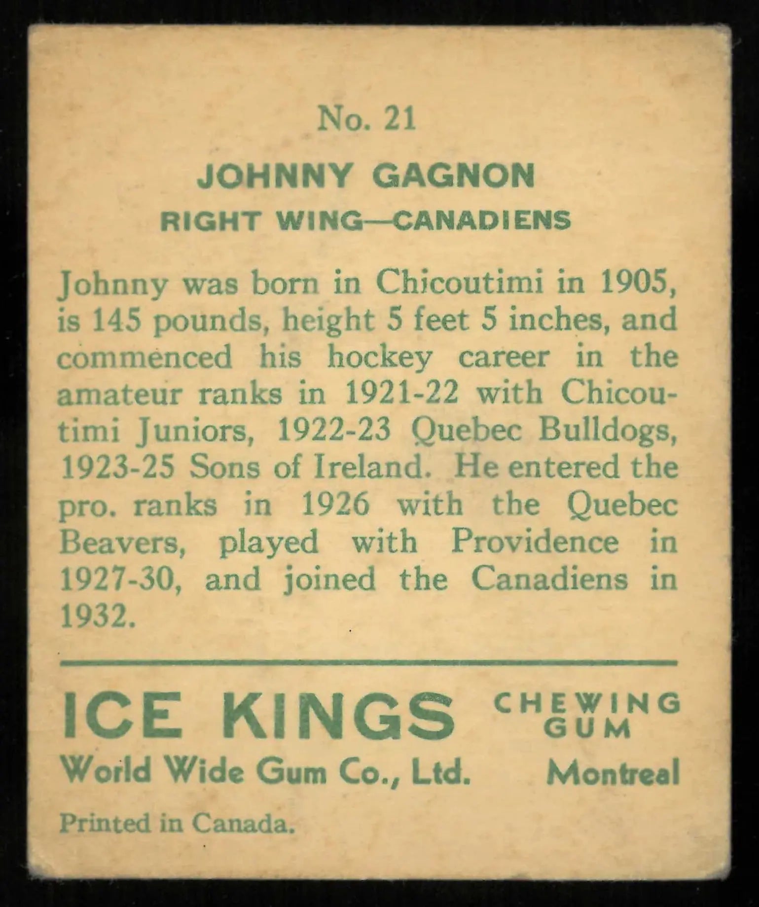 1933-34 World Wide Gum Ice Kings Johnny Gagnon English Only Back 