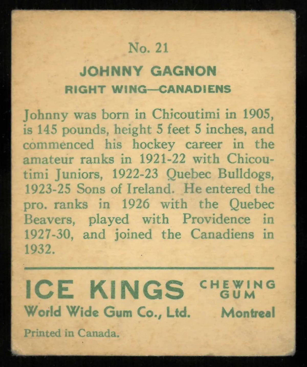 1933-34 World Wide Gum Ice Kings Johnny Gagnon English Only Back 