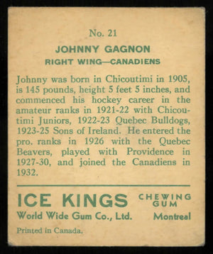 1933-34 World Wide Gum Ice Kings Johnny Gagnon English Only Back 