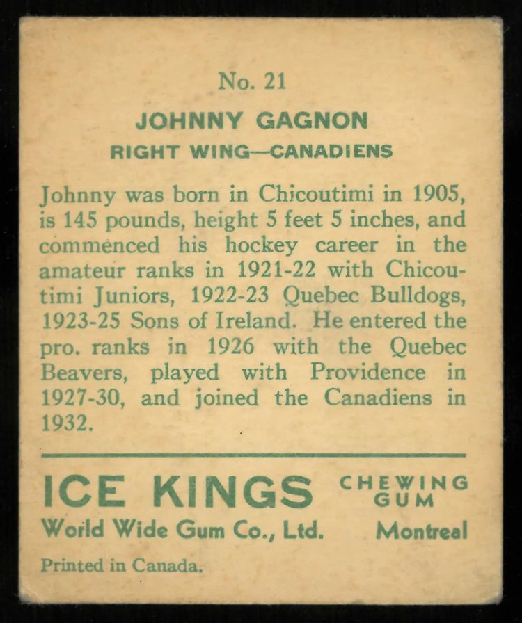1933-34 World Wide Gum Ice Kings Johnny Gagnon English Only Back 