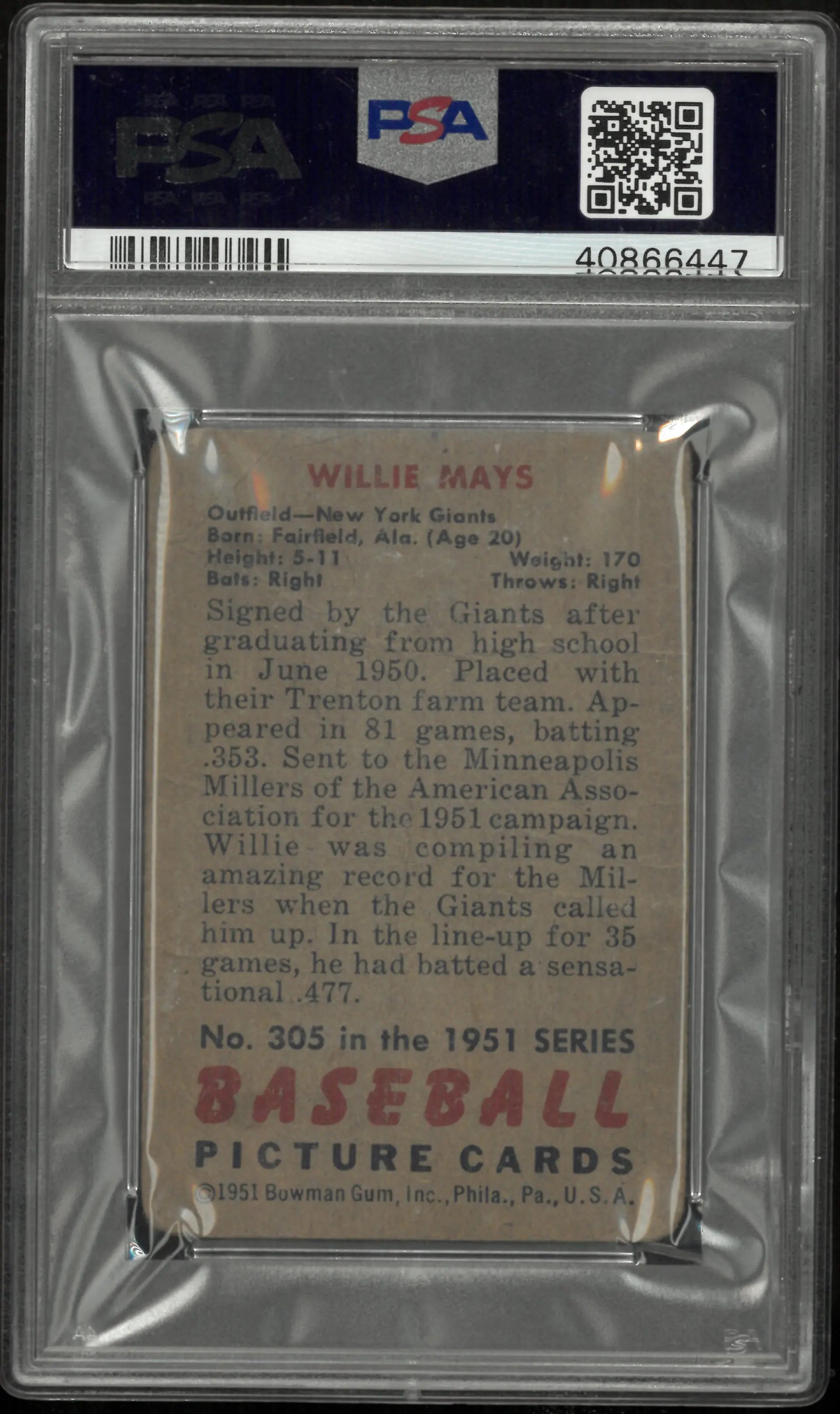 1951 Bowman Baseball Willie Mays #305 PSA 1 