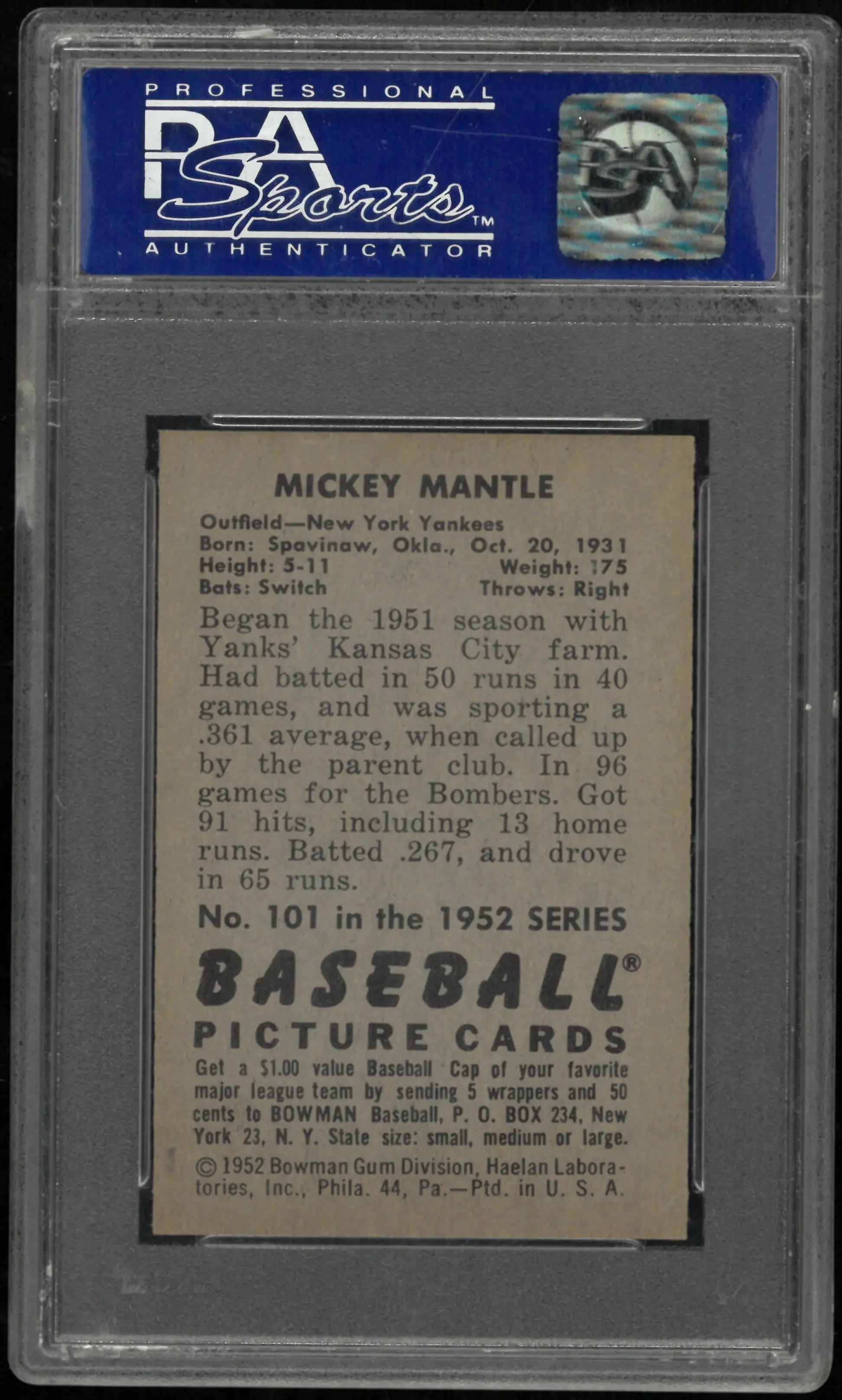 1952 Bowman Mickey Mantle #101 PSA 8 (OC) 