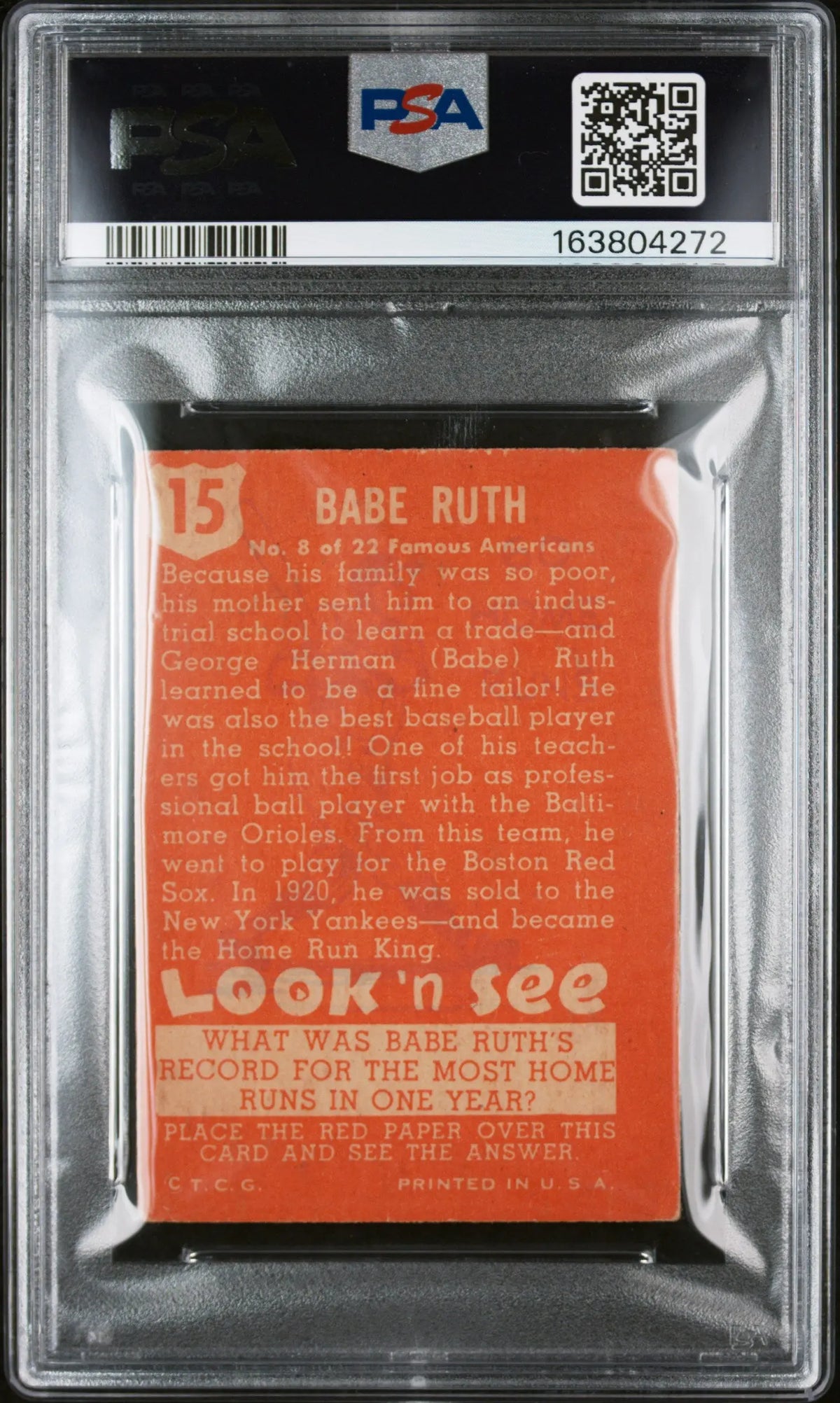 1952 Look 'N See Babe Ruth PSA 1.5 