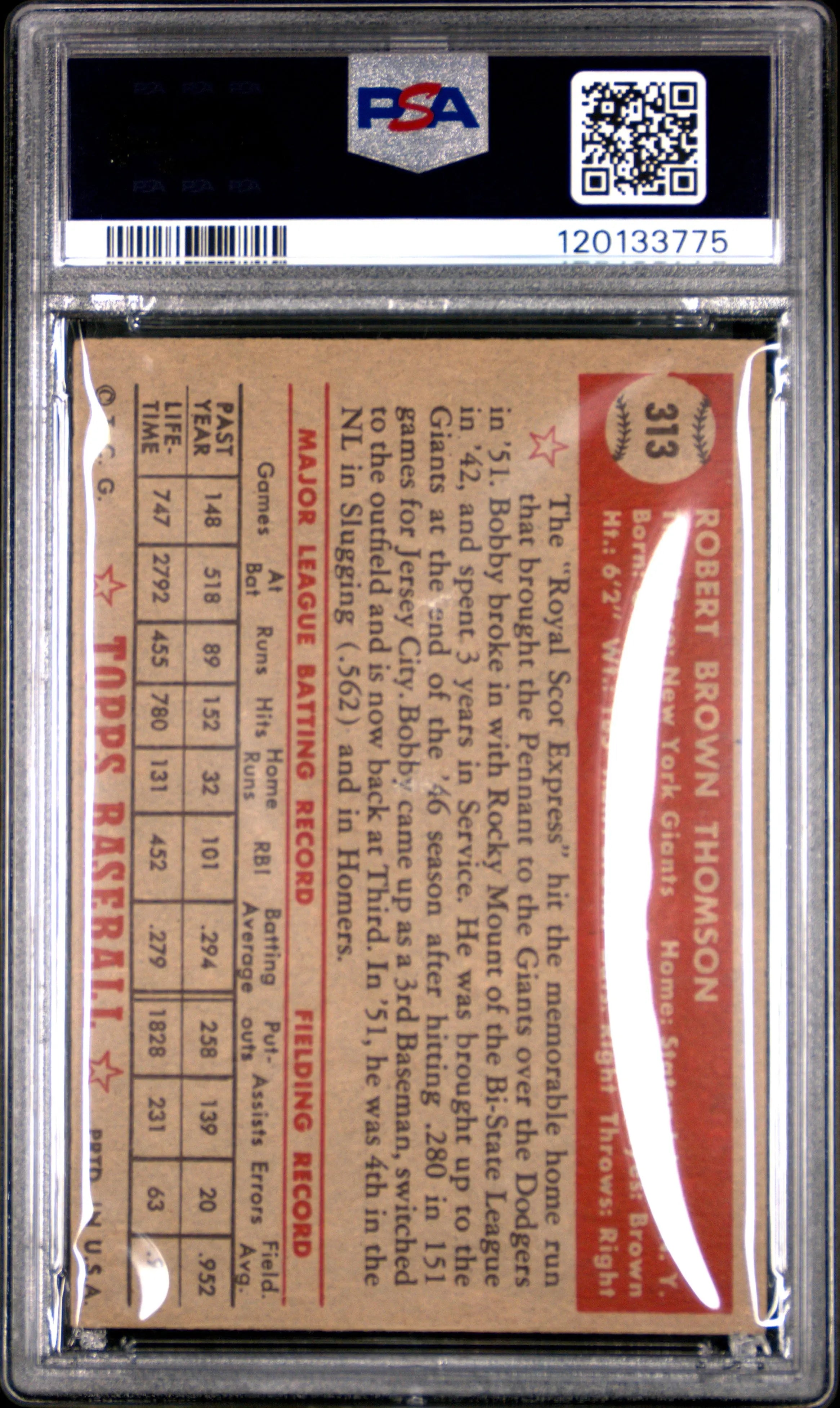 1952 Topps Baseball Bobby Thomson #313 PSA 3 New York Giants 