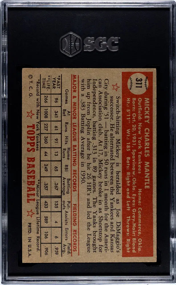 1952 Topps Baseball Mickey Mantle RC Rookie #311 SGC Authentic 