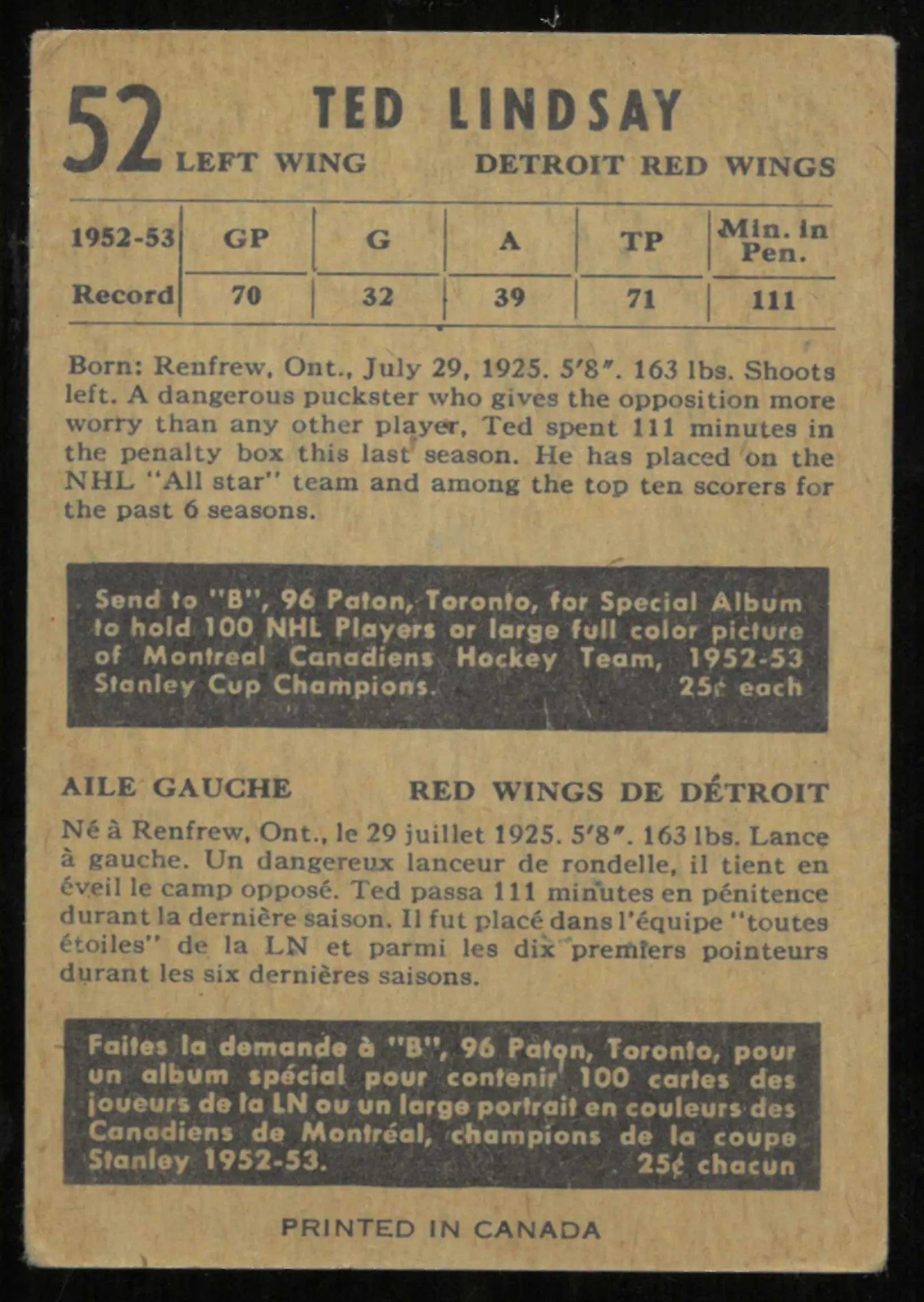 1953-54 Parkhurst Vintage Hockey Ted Lindsay 