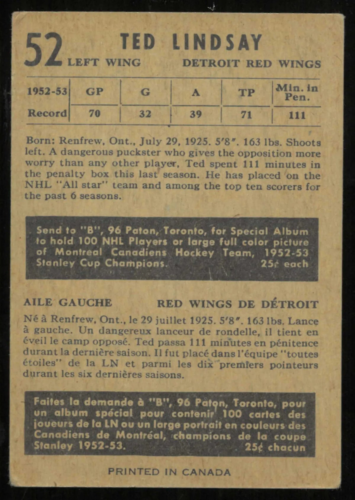 1953-54 Parkhurst Vintage Hockey Ted Lindsay 
