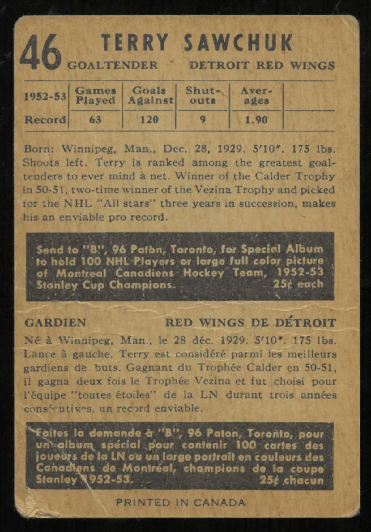 1953-54 Parkhurst Vintage Hockey Terry Sawchuk 