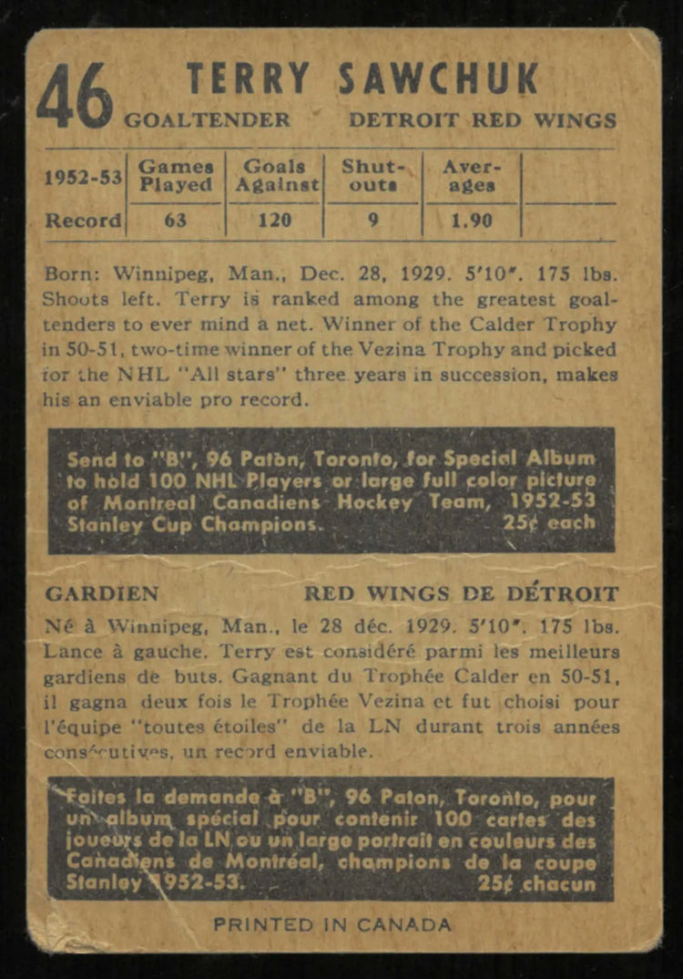 1953-54 Parkhurst Vintage Hockey Terry Sawchuk 