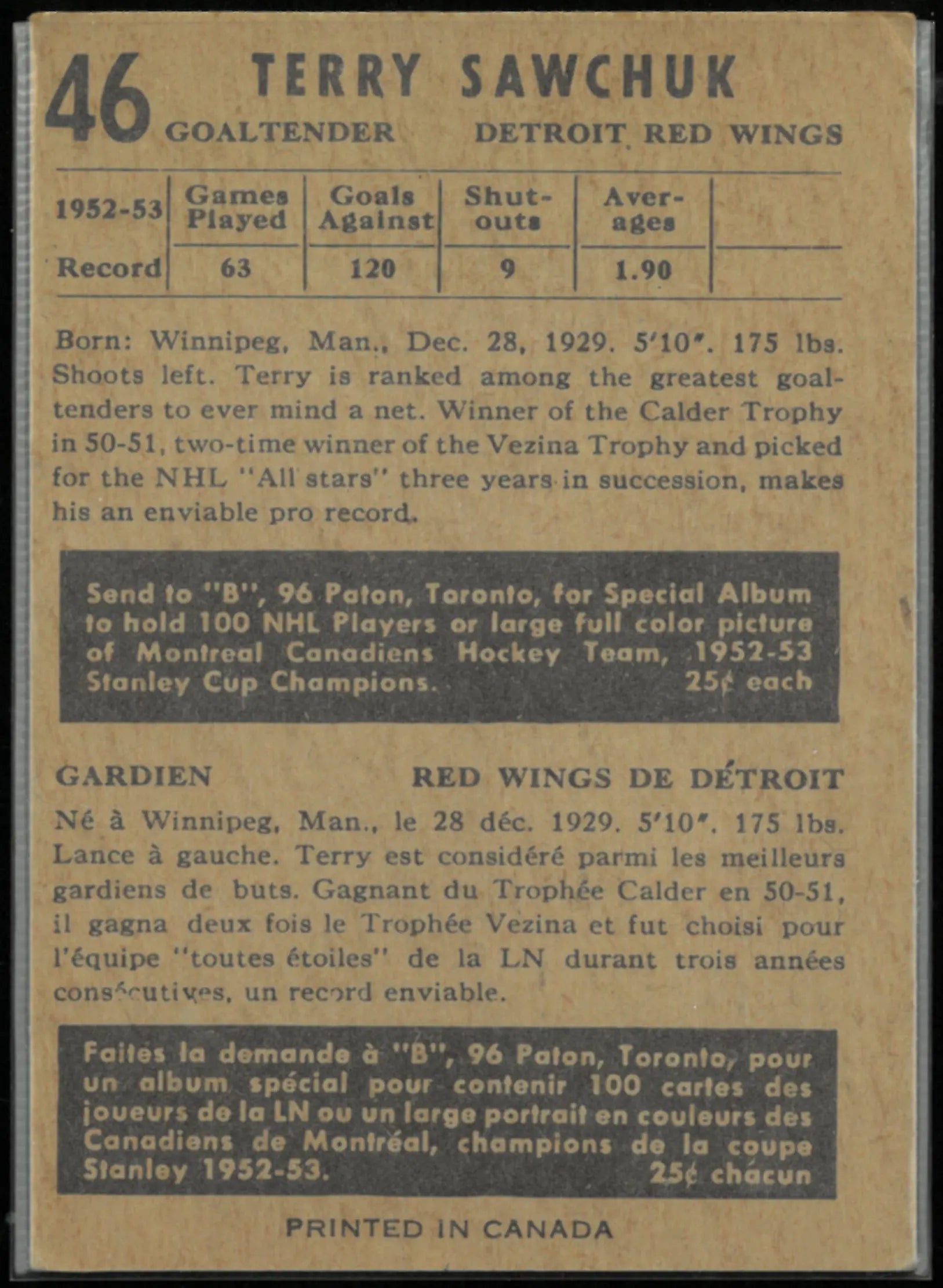 1953 Parkhurst Hockey Terry Sawchuk 