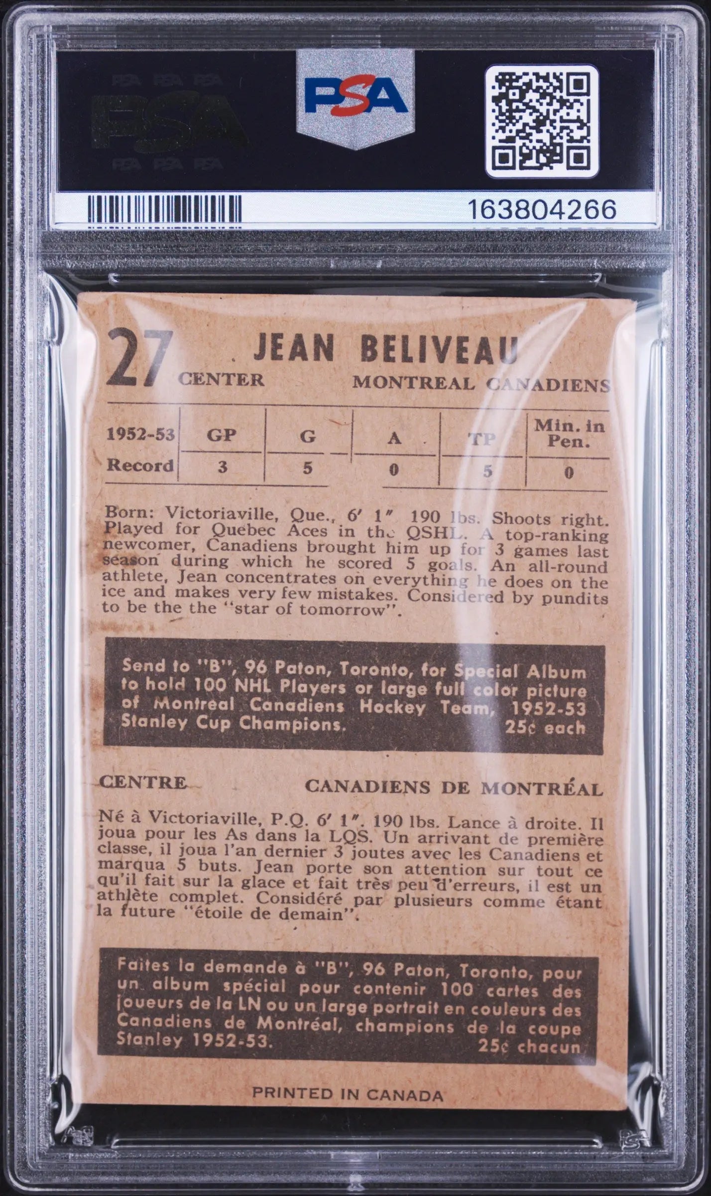 1953 Parkhurst Rookie Jean Beliveau RC PSA 3.5 