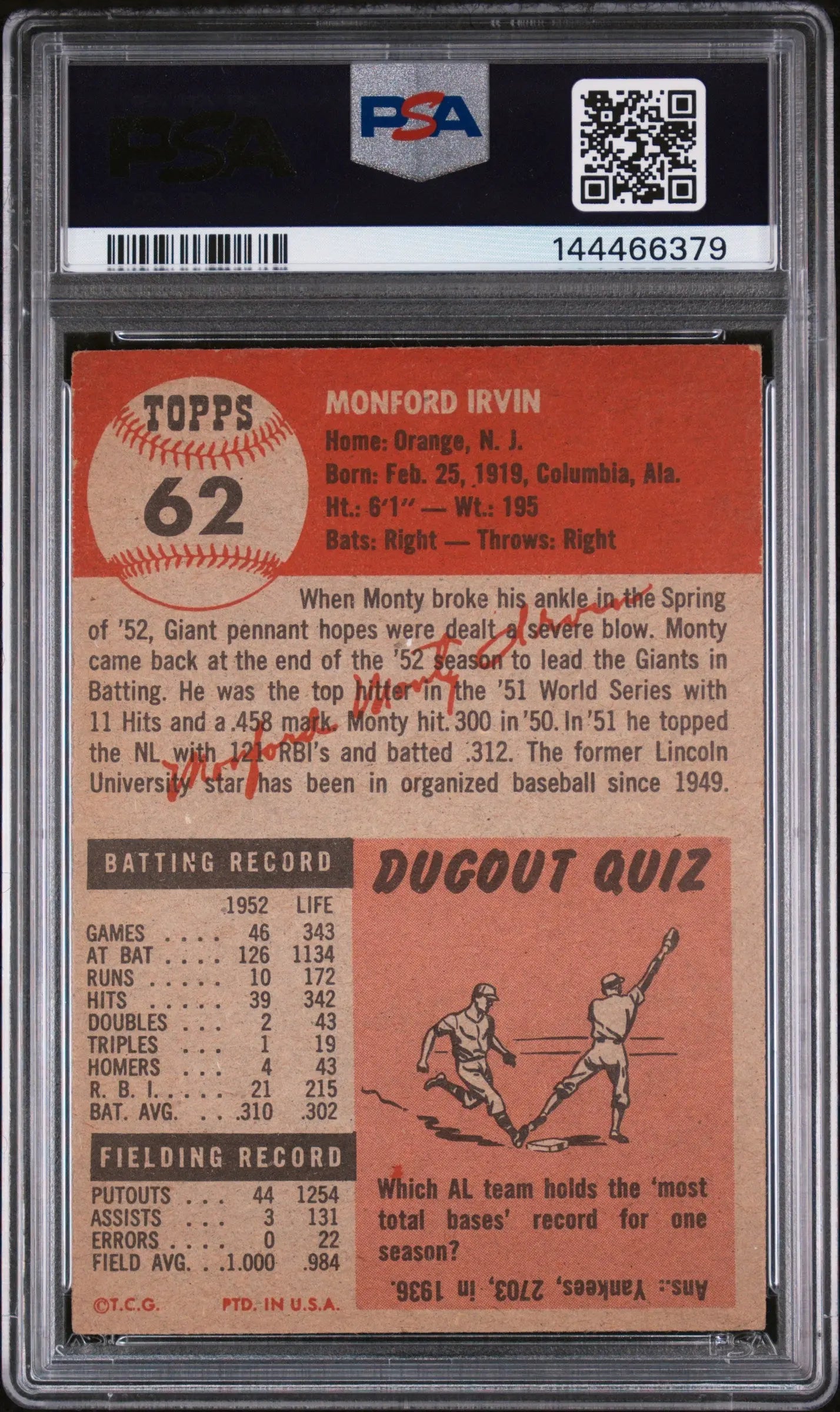 1953 Topps Baseball Monte Irvin #62 PSA 3.5 NEW CERT 