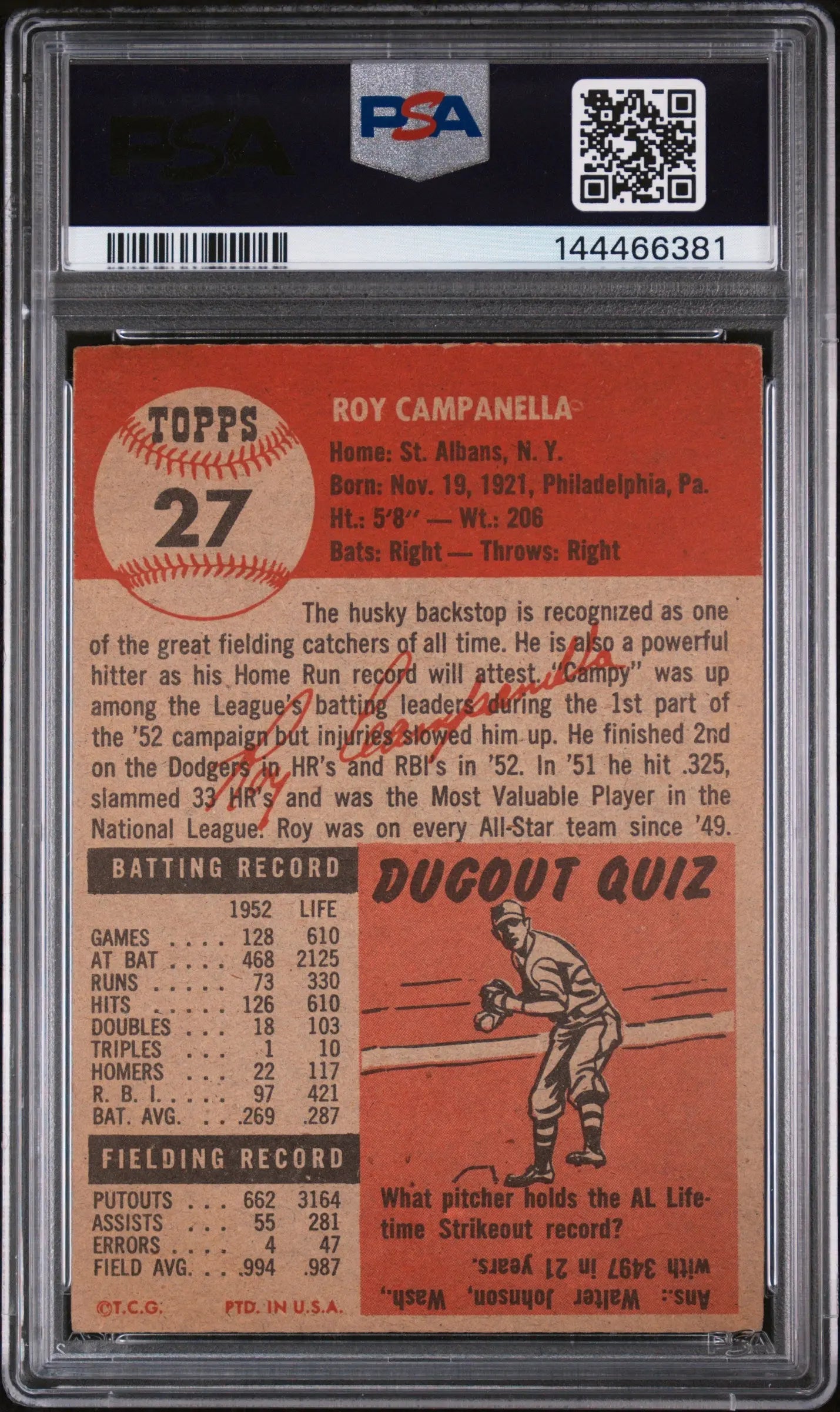 1953 Topps Baseball Roy Campanella #27 PSA 4 NEW CERT 