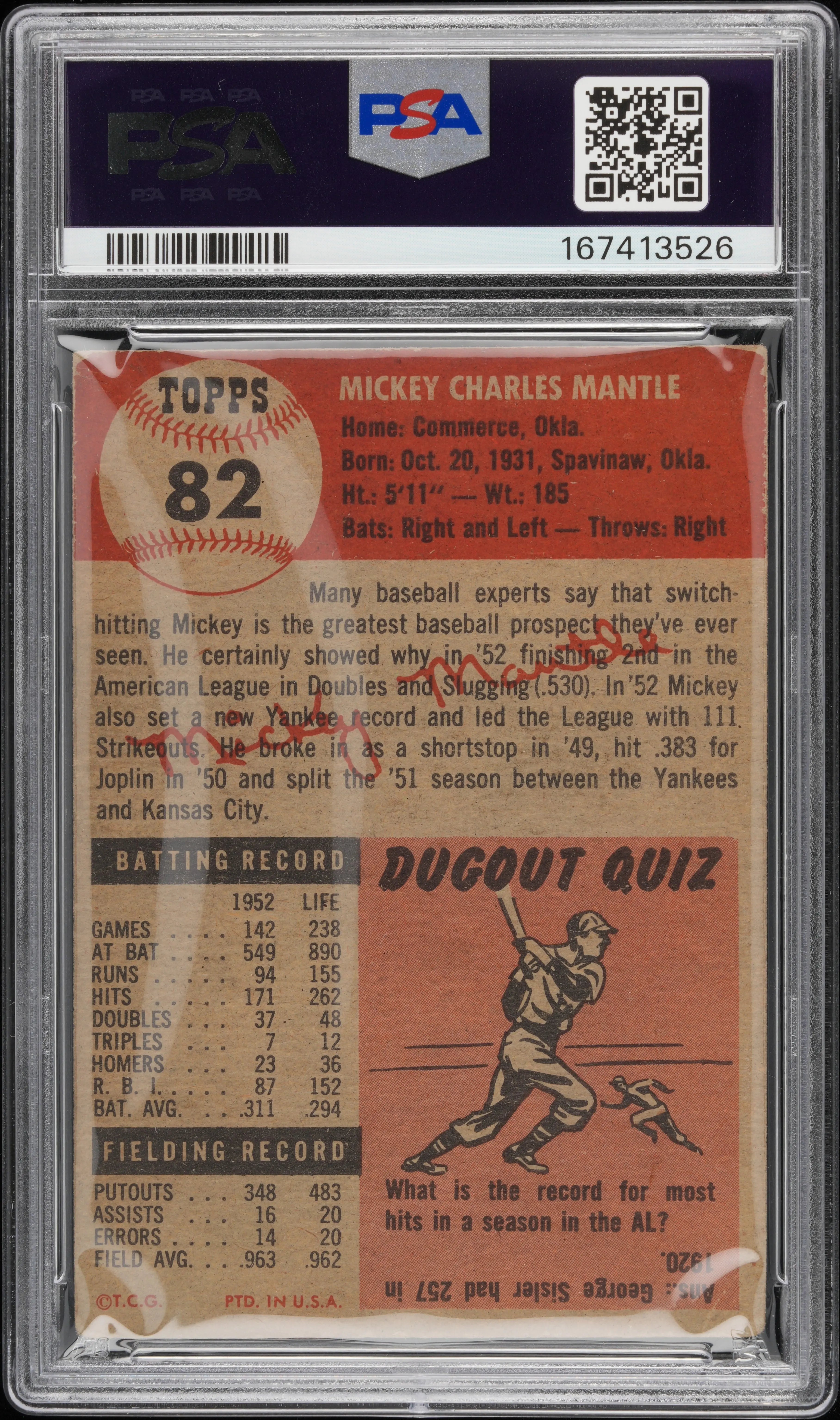 1953 Topps Mickey Mantle PSA 2 