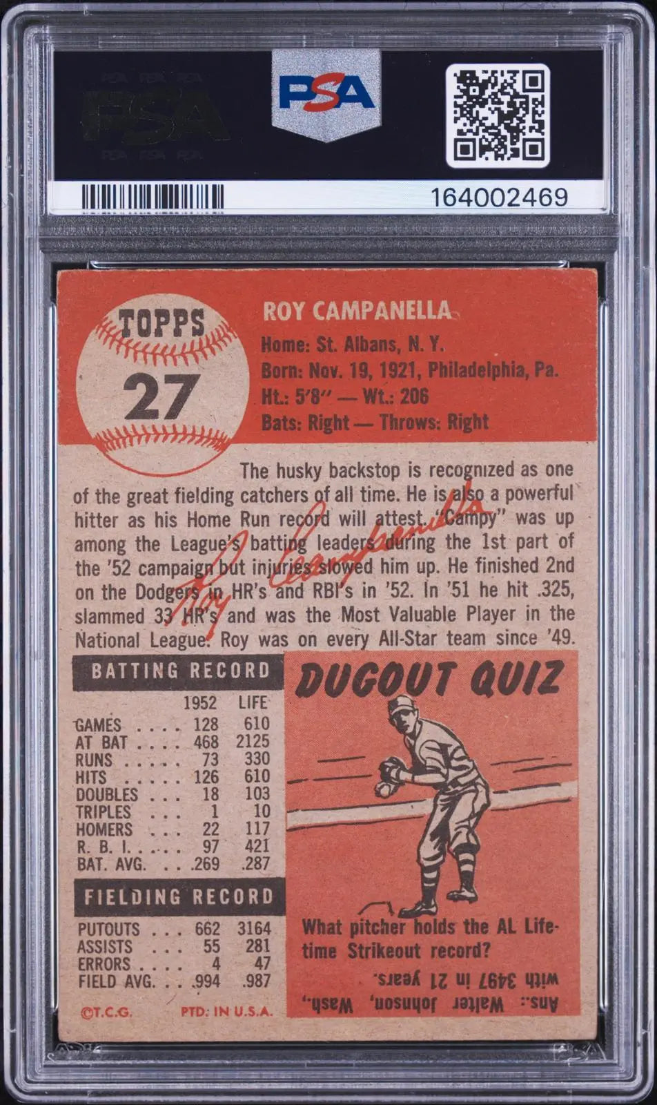 1953 Topps Vintage Baseball Roy Campanella PSA 2.5 