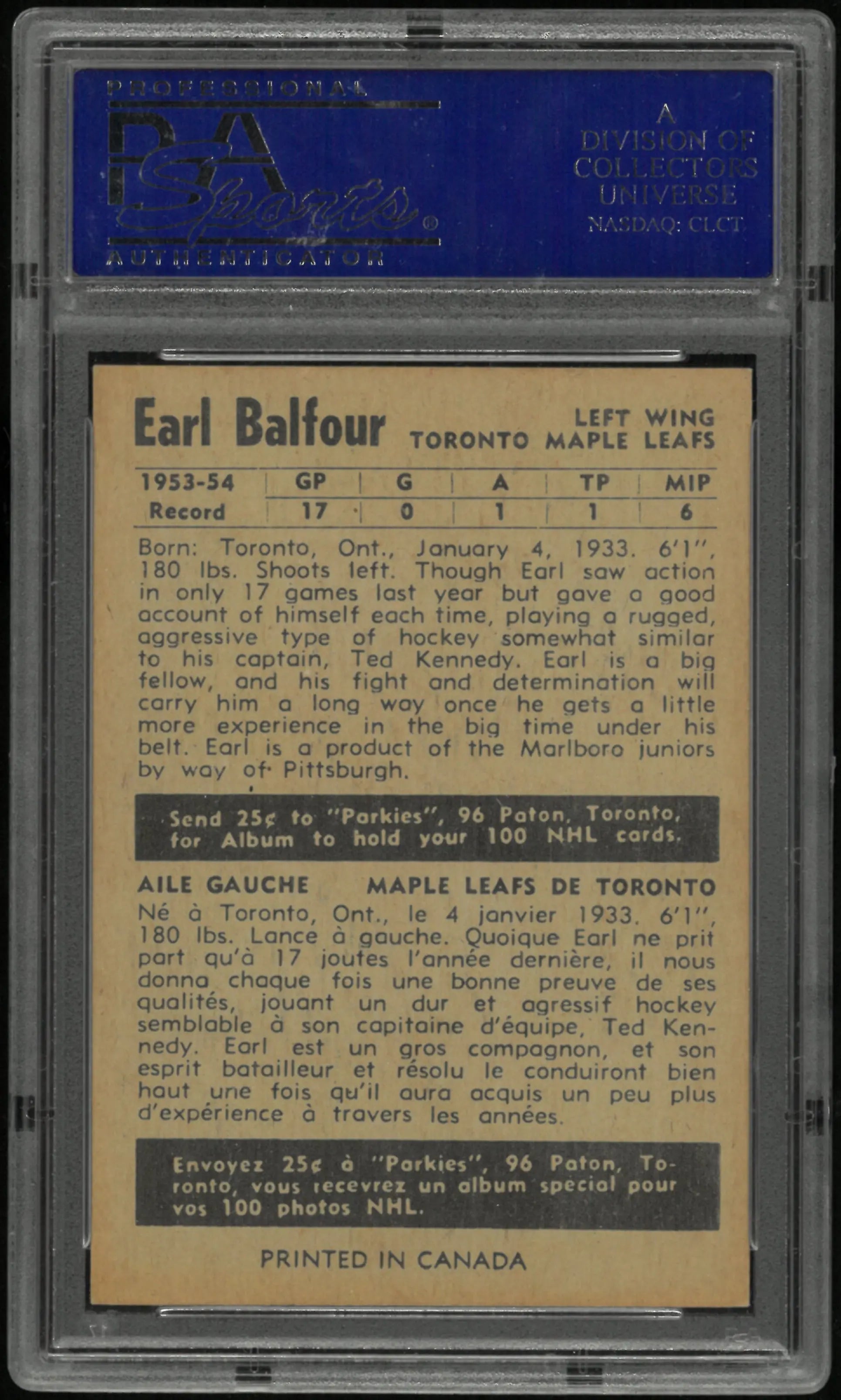 1954 Parkhurst Earl Balfour PSA 7 