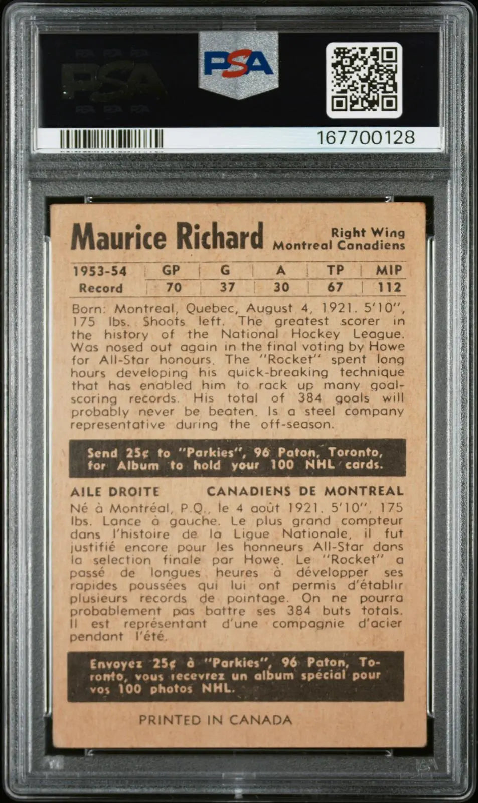 1954 Parkhurst Vintage Hockey Maurice "Rocket" Richard PSA 2 