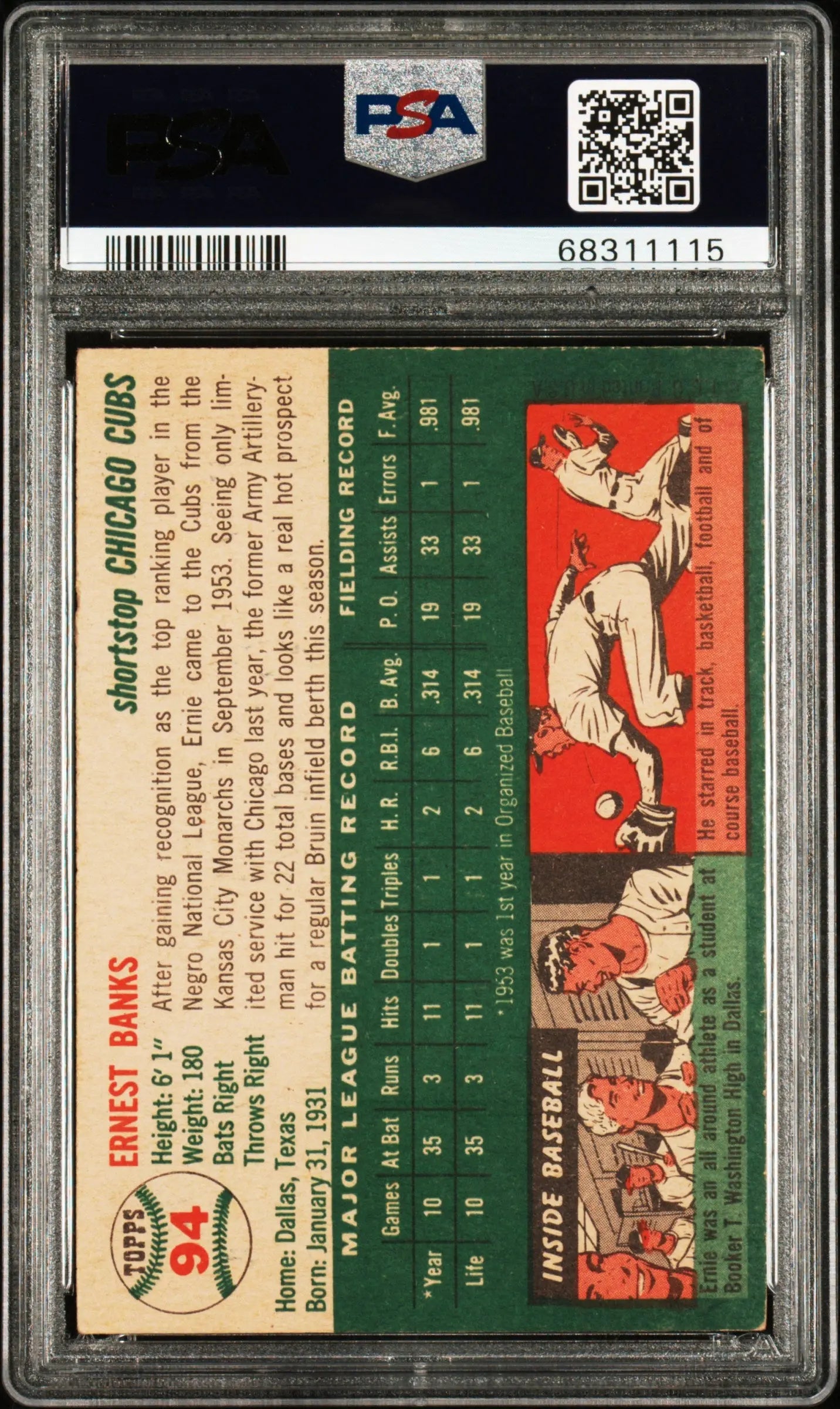 1954 Topps Baseball Ernie Banks RC Rookie #94 PSA 5 