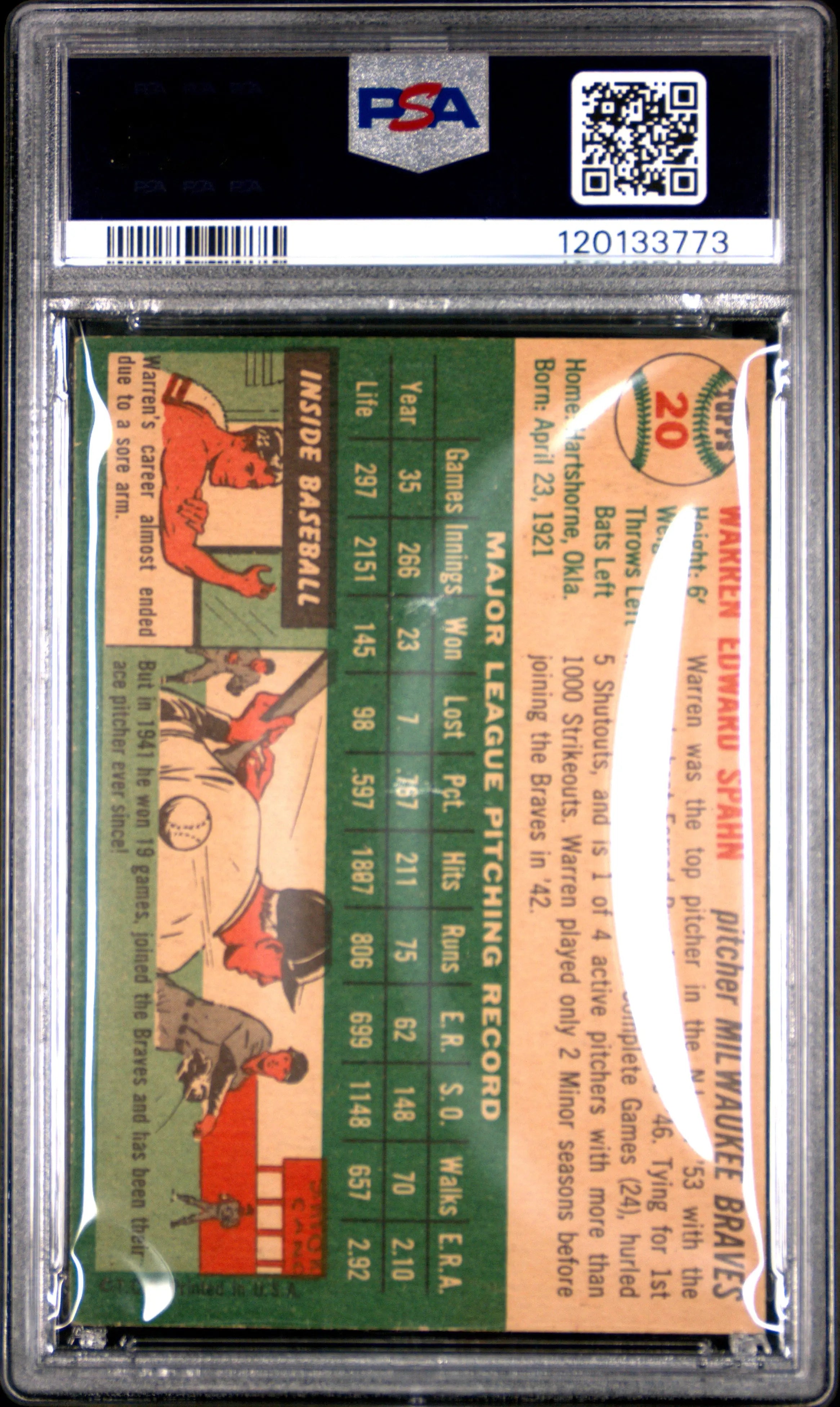 1954 Topps Baseball Warren Spahn #20 PSA 4 Milwaukee Braves 