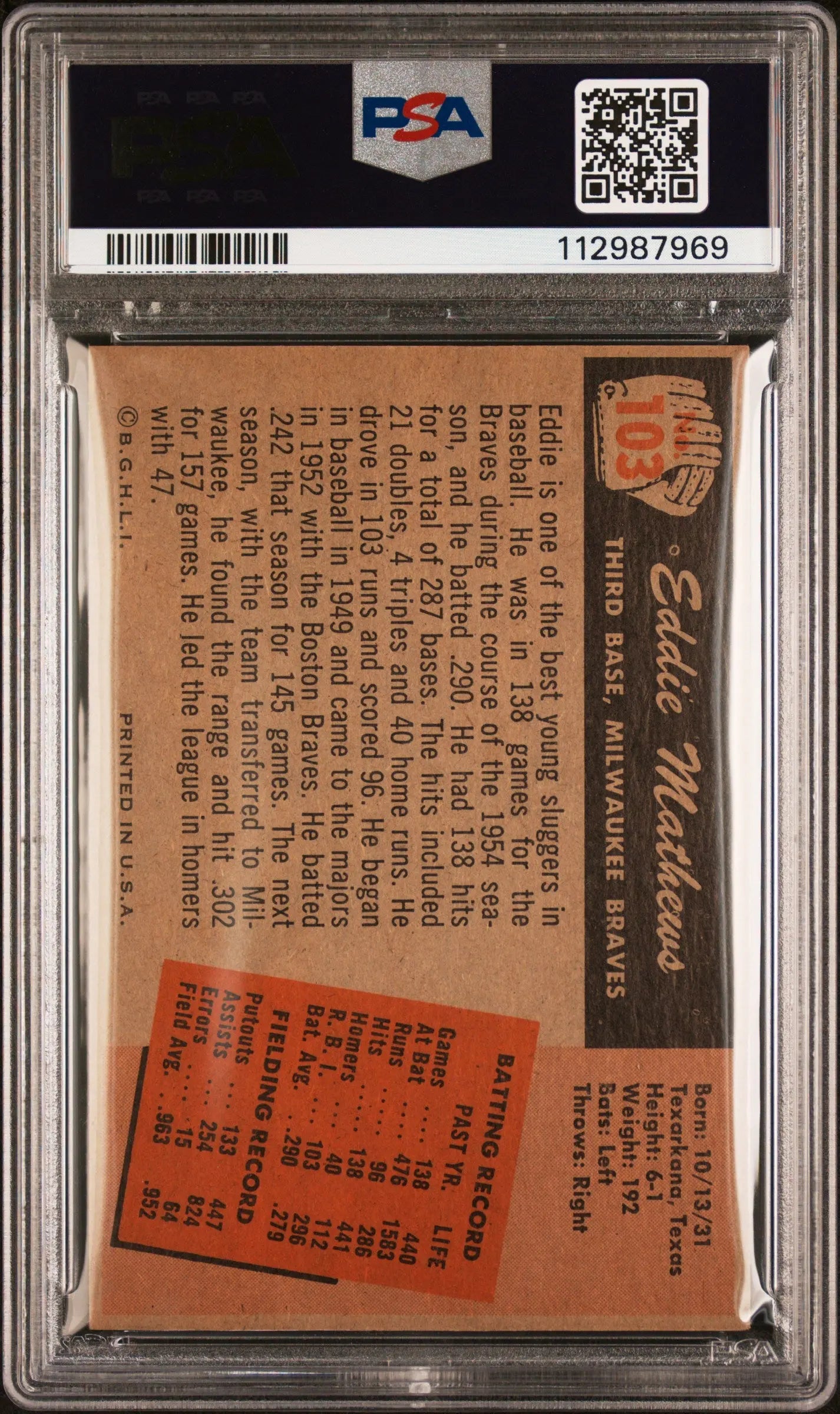 1955 Bowman Baseball Vintage Eddie Mathews PSA 6 