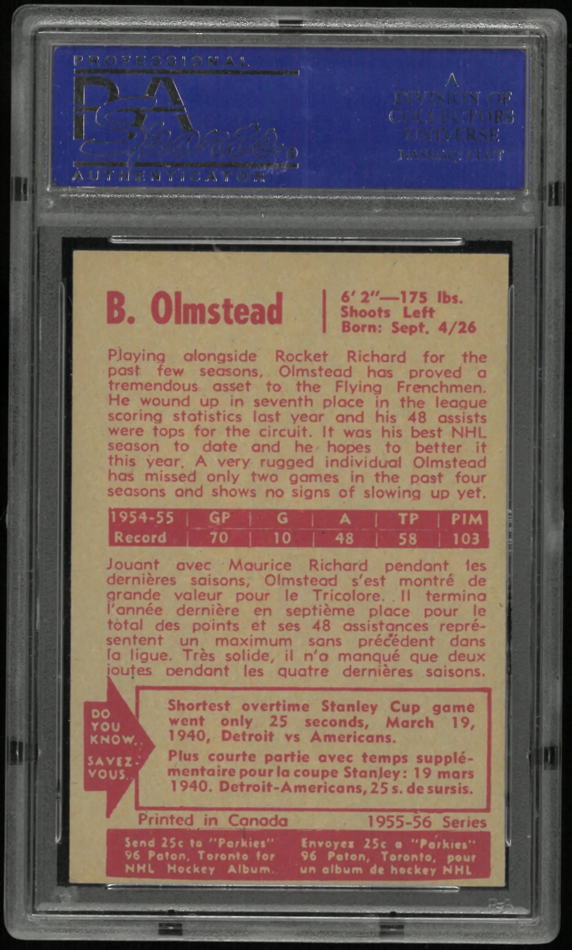 1955 Parkhurst Bert Olmstead PSA 7 