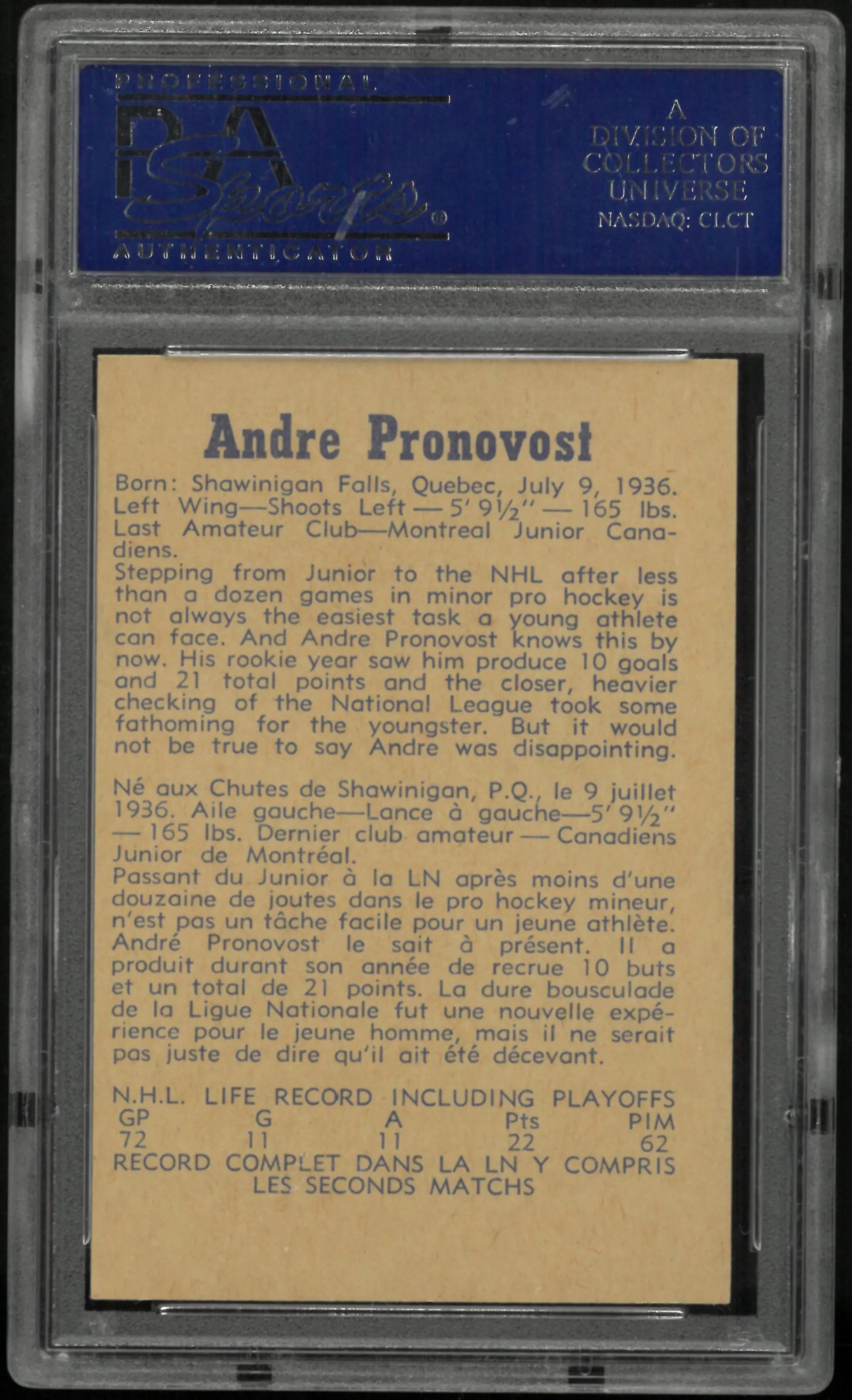 1957 Parkhurst Andre Pronovost PSA 7 