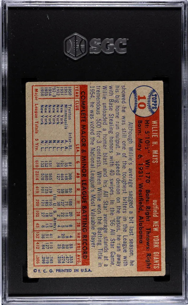 1957 Topps Baseball Willie Mays #10 SGC 2.5 New York Giants 