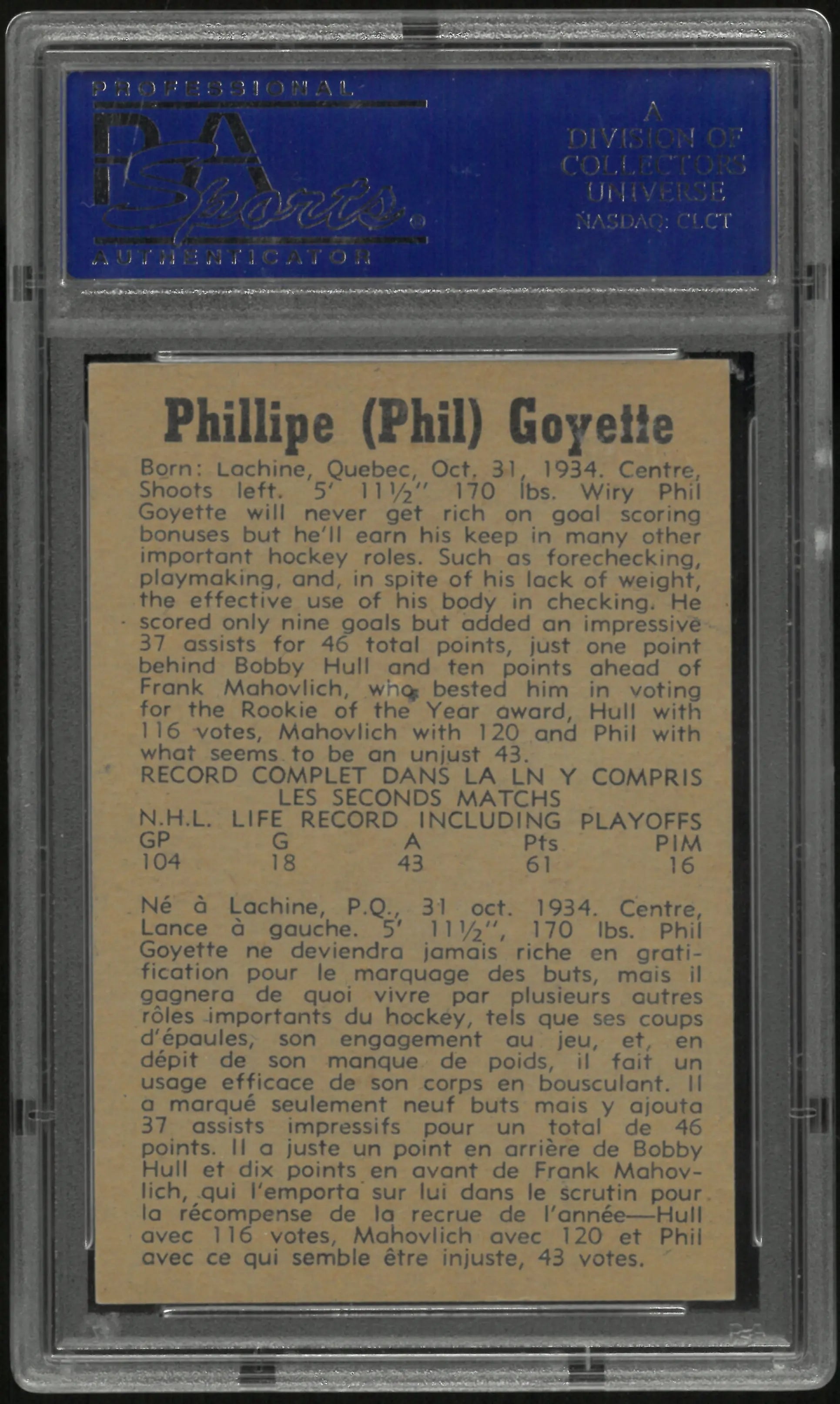 1958 Parkhurst Phil Goyette PSA 7 