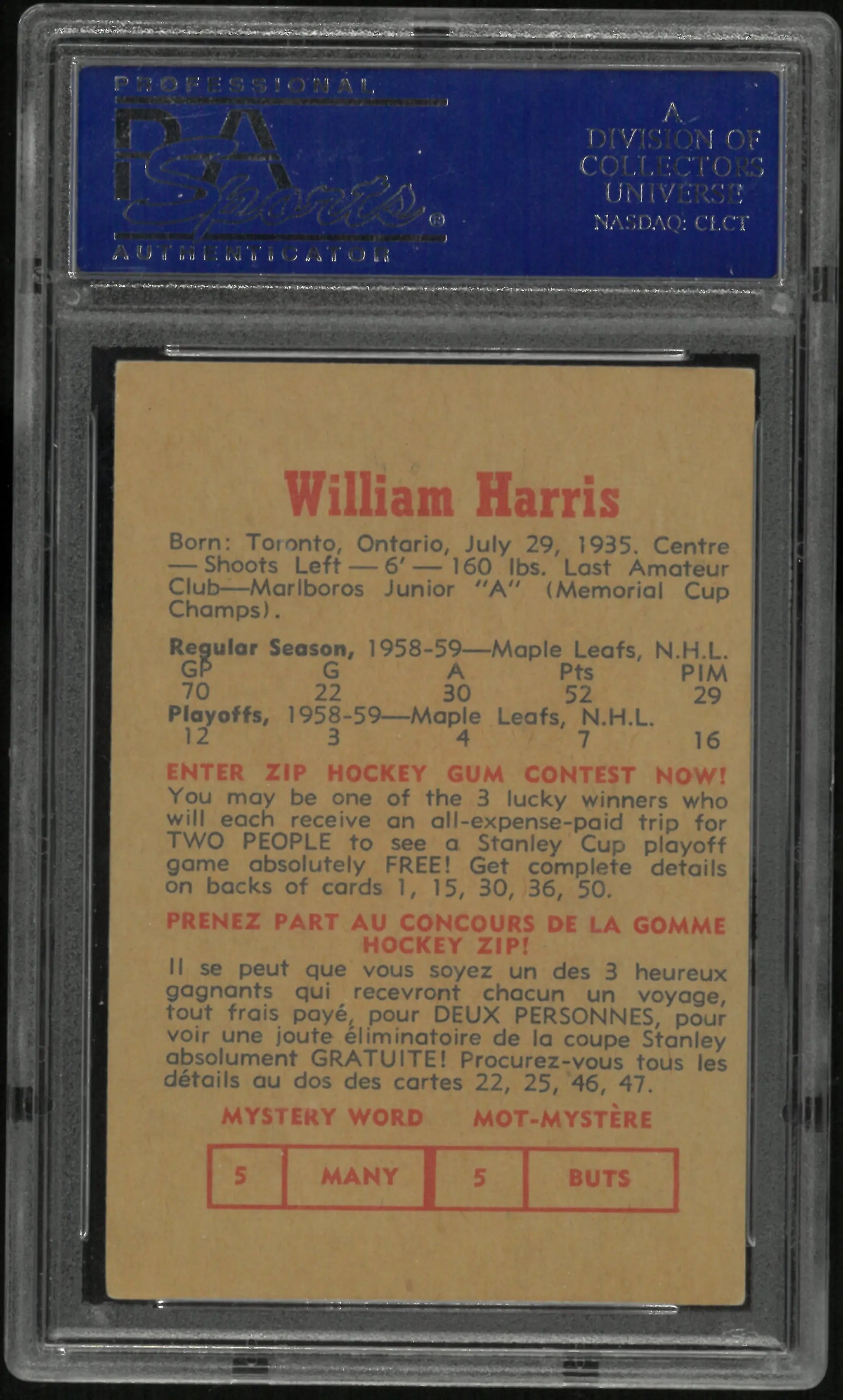 1959 Parkhurst Billy Harris PSA 6 