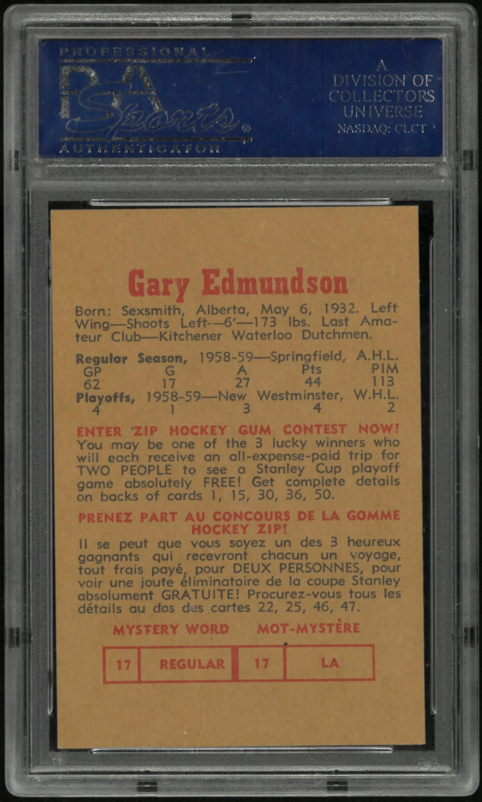 1959 Parkhurst Gary Edmundson PSA 8 