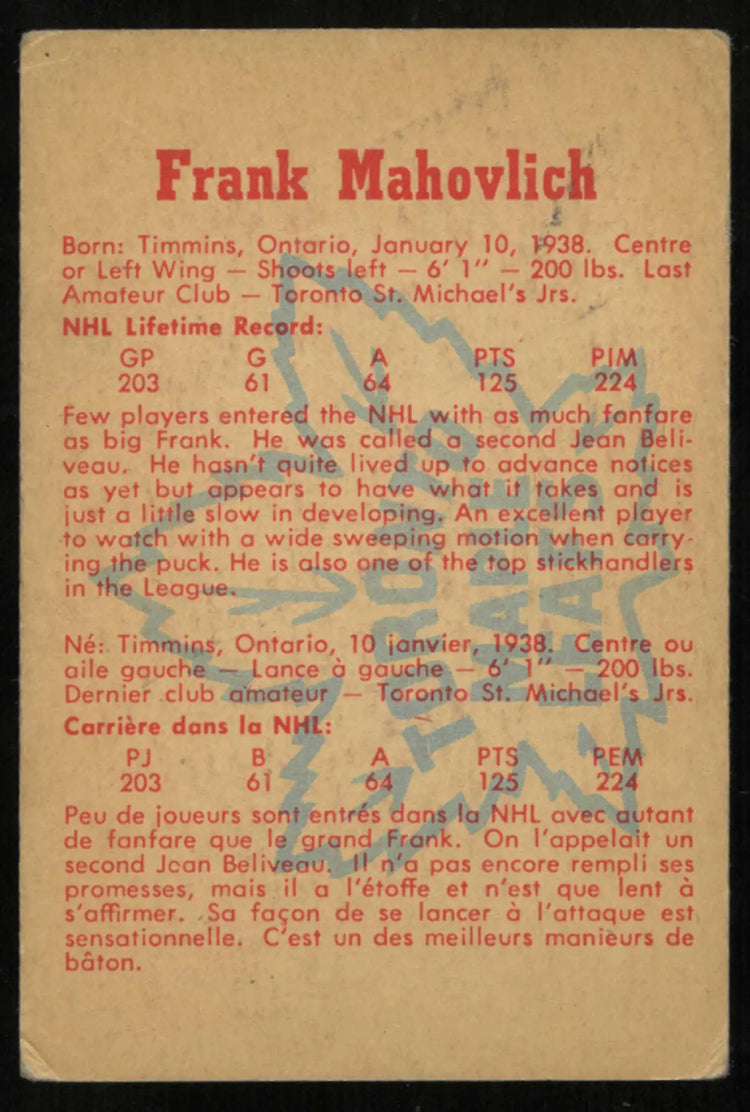 1960-61 Parkhurst Vintage Hockey Autograph Frank Mahovlich Auto 
