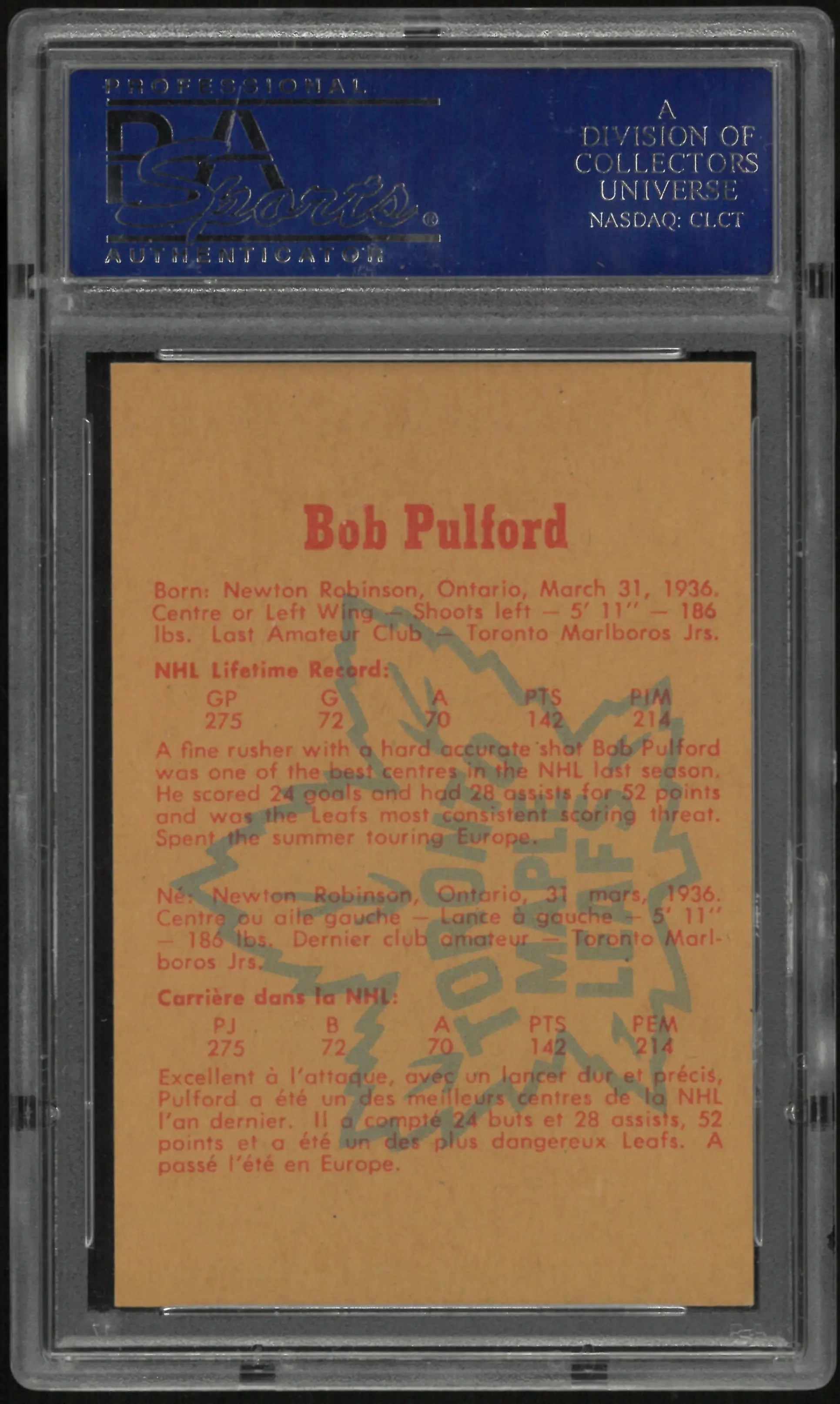 1960 Parkhurst Bob Pulford PSA 8 