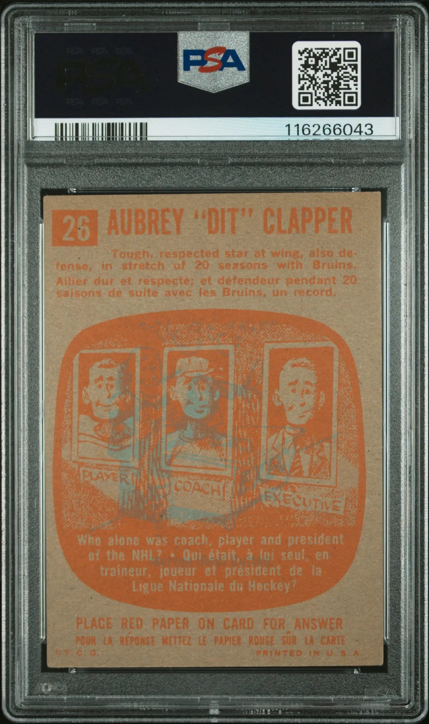 1960 Topps Hockey Dit Clapper #26 PSA 4 All-Time Greats 