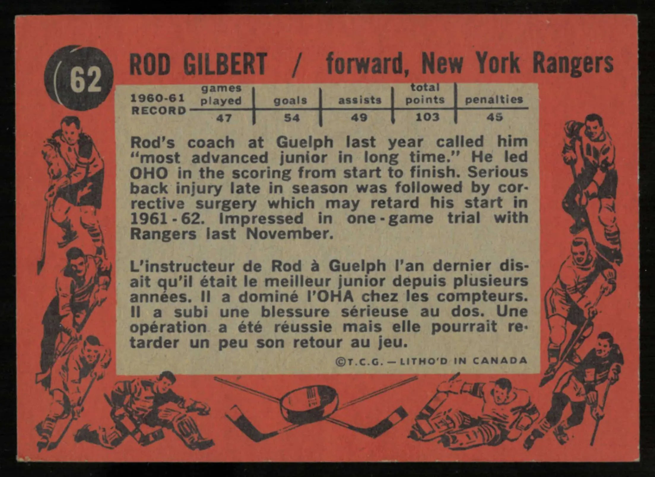 1961-62 Topps Vintage Hockey Rookie Rod Gilbert RC 