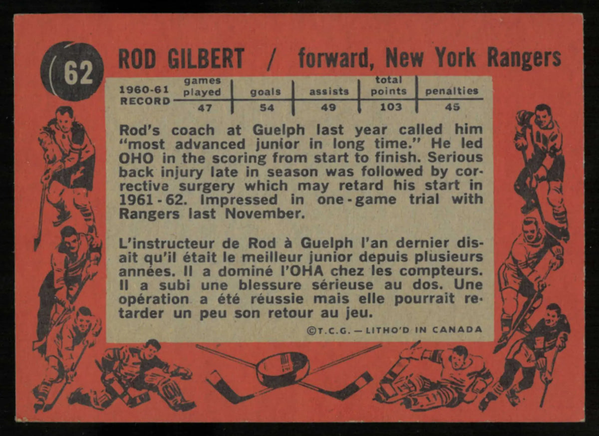 1961-62 Topps Vintage Hockey Rookie Rod Gilbert RC 