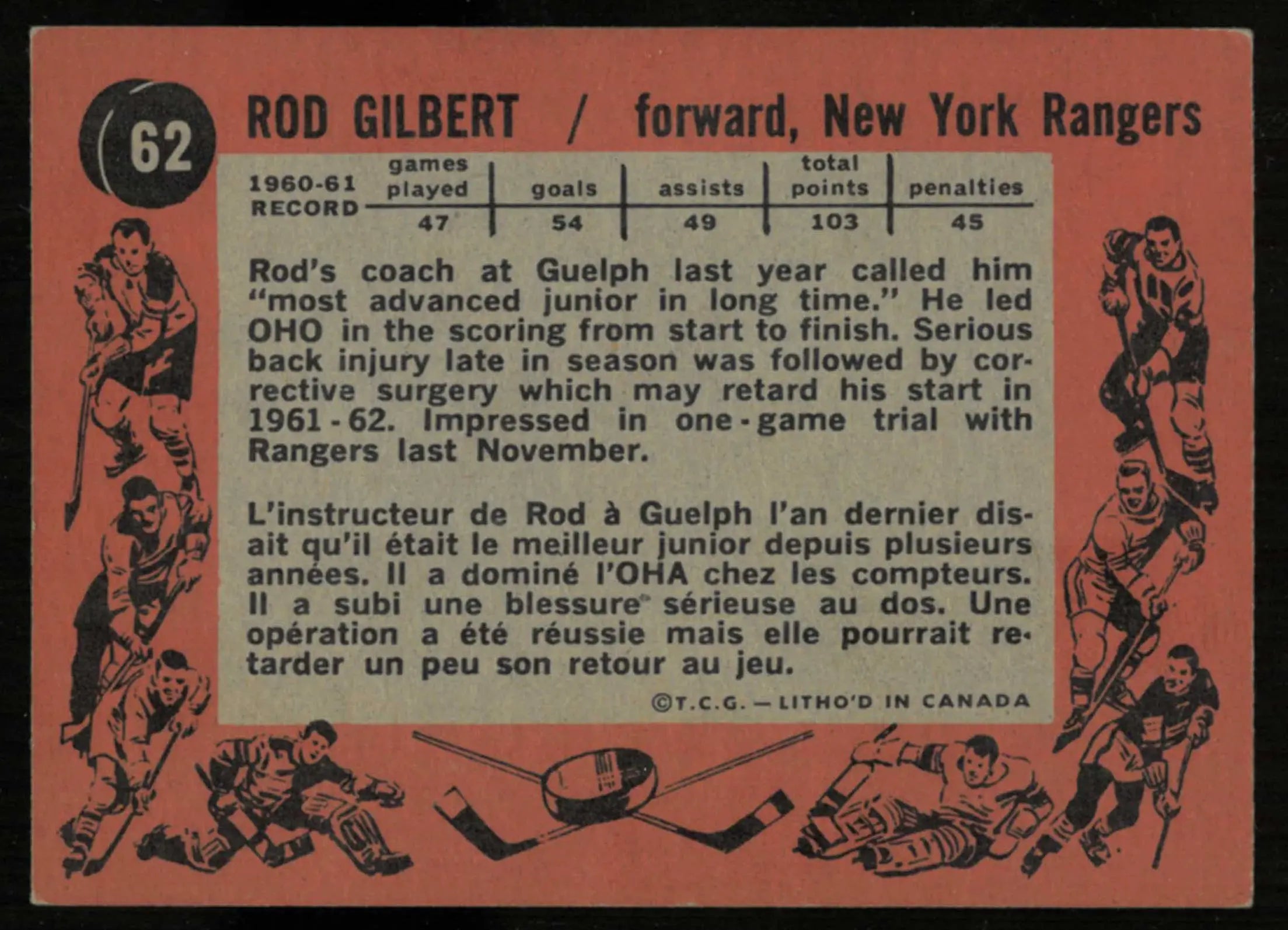 1961-62 Topps Vintage Hockey Rookie Rod Gilbert RC 