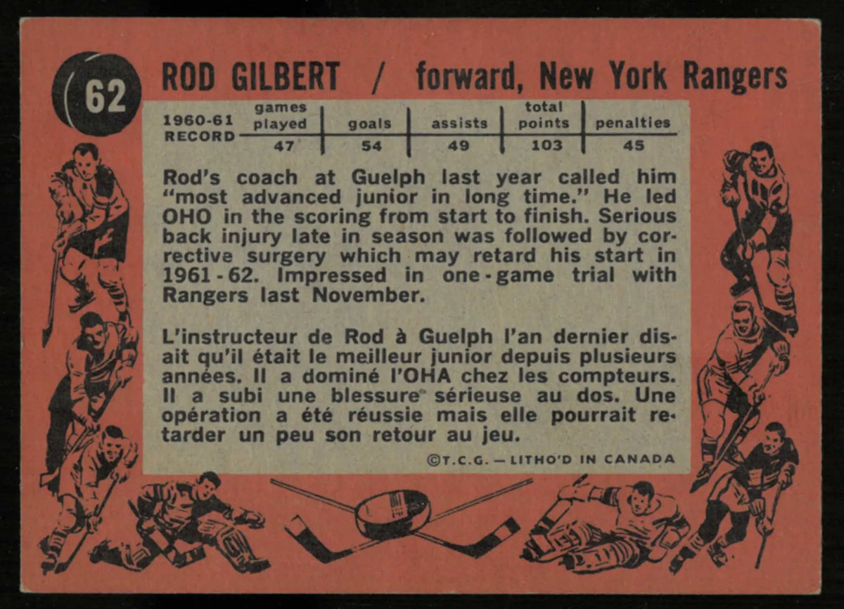 1961-62 Topps Vintage Hockey Rookie Rod Gilbert RC 