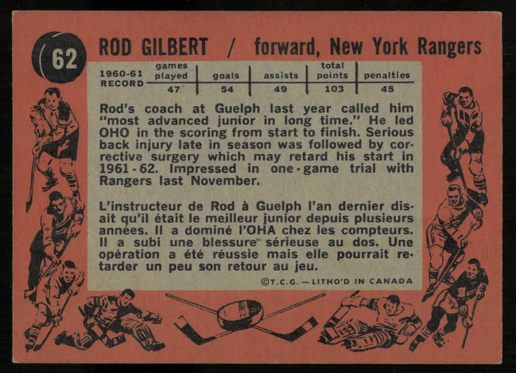 1961-62 Topps Vintage Hockey Rookie Rod Gilbert RC 
