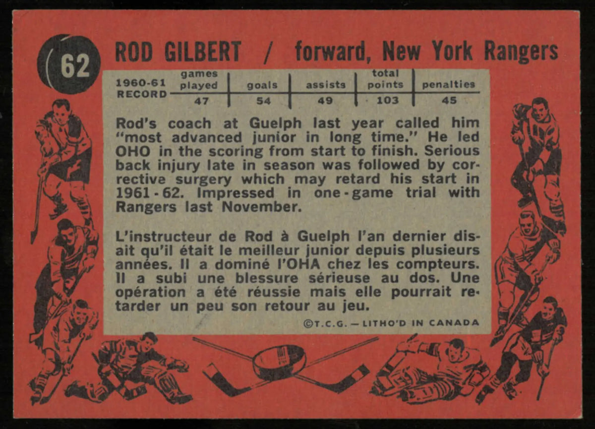 1961-62 Topps Vintage Hockey Rookie Rod Gilbert RC 