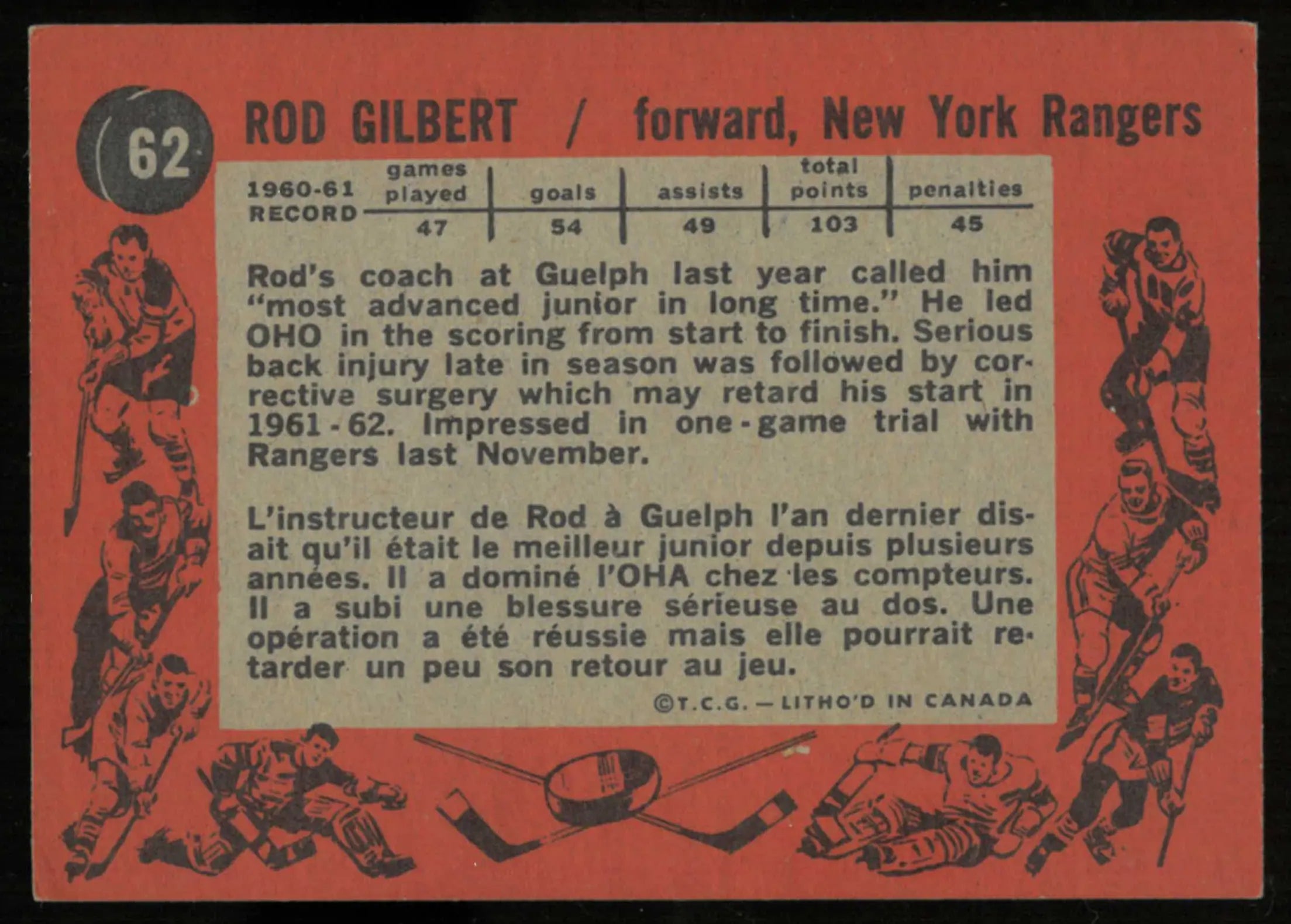 1961-62 Topps Vintage Hockey Rookie Rod Gilbert RC 