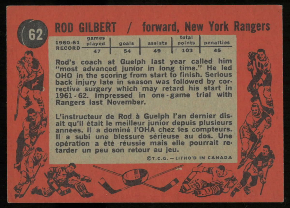 1961-62 Topps Vintage Hockey Rookie Rod Gilbert RC 