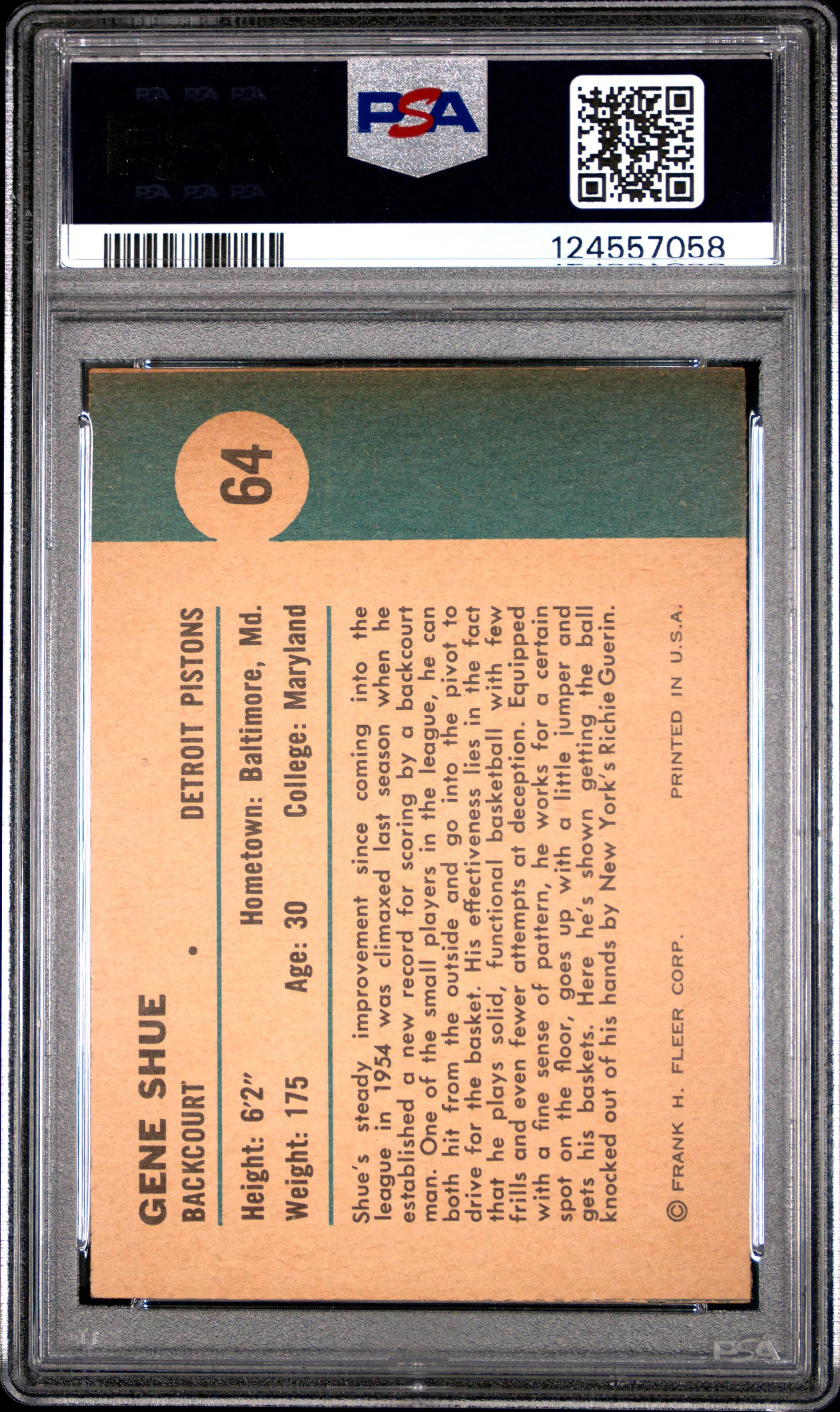1961 Fleer Basketball Gene Shue #64 In Action PSA 5 