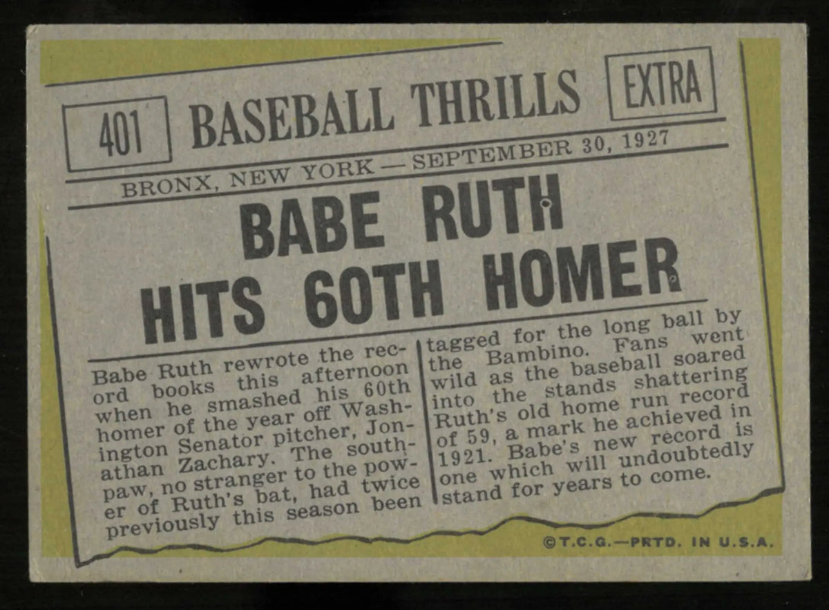 1961 Topps Vintage Baseball Babe Ruth Hits 60th Homer 