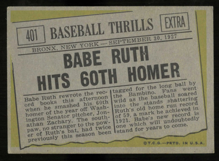 1961 Topps Vintage Baseball Babe Ruth Hits 60th Homer 