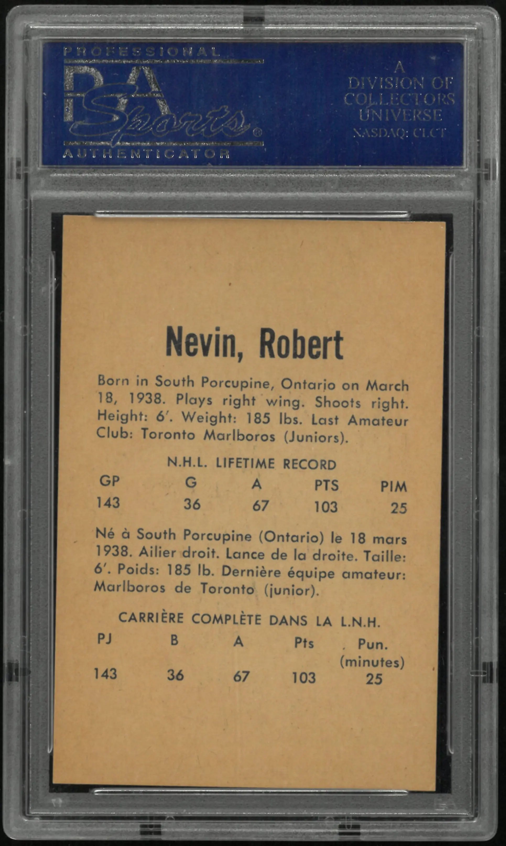 1962 Parkhurst Bob Nevin PSA 8 