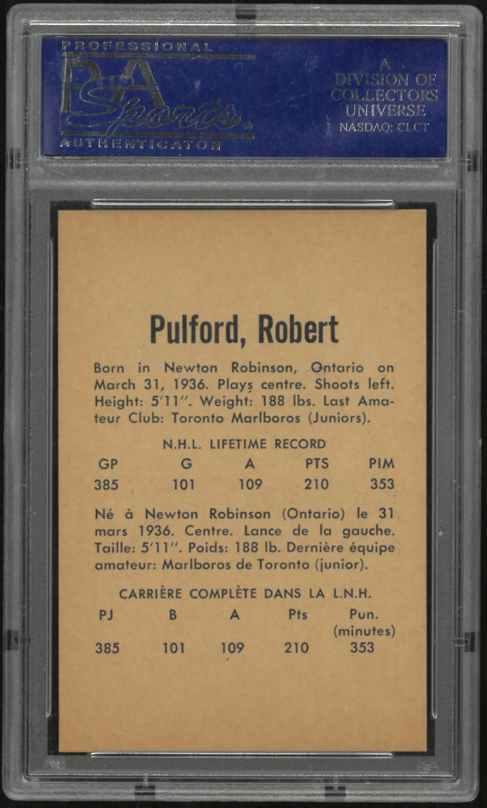 1962 Parkhurst Bob Pulford PSA 7 