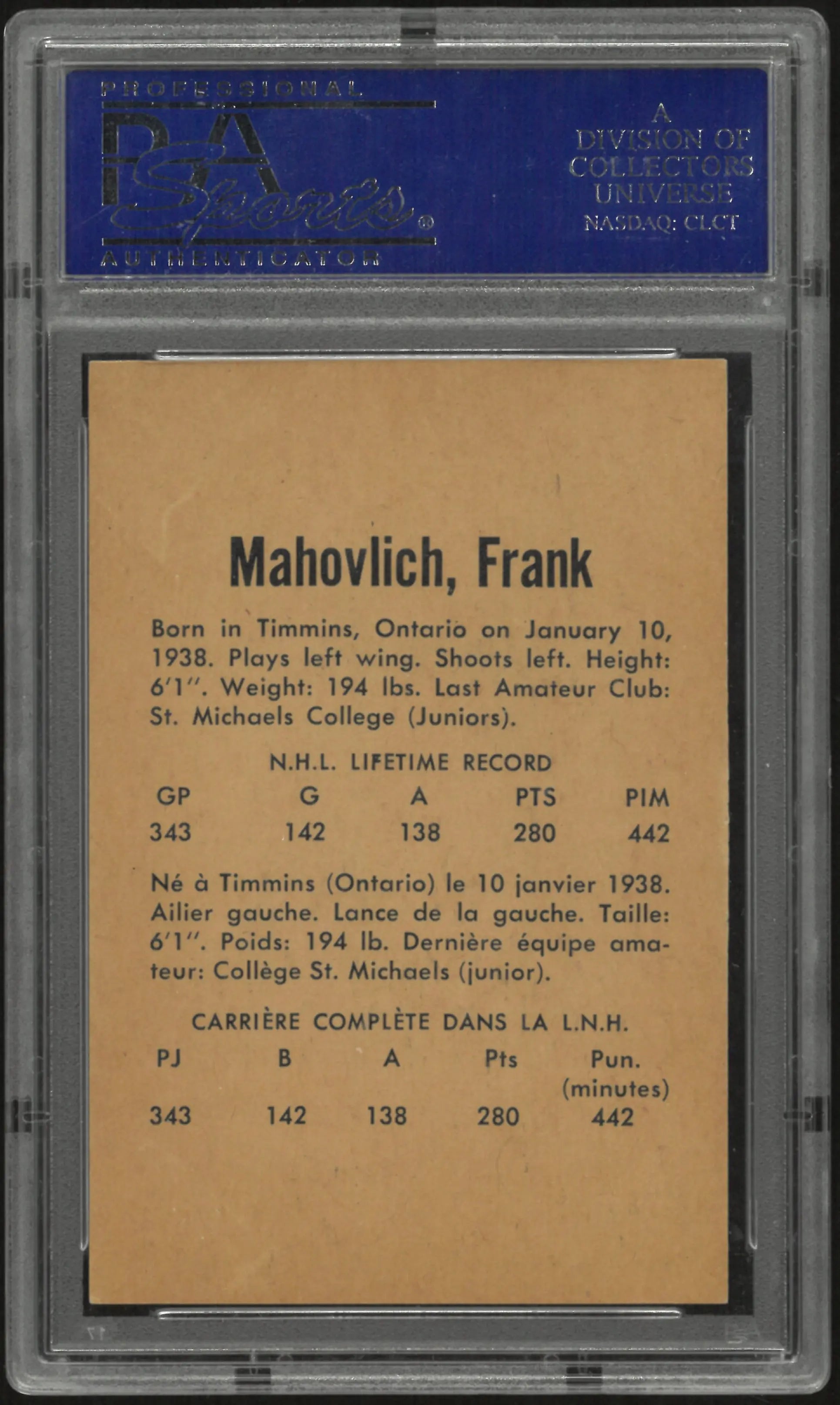 1962 Parkhurst Hockey Frank Mahovlich PSA 7 