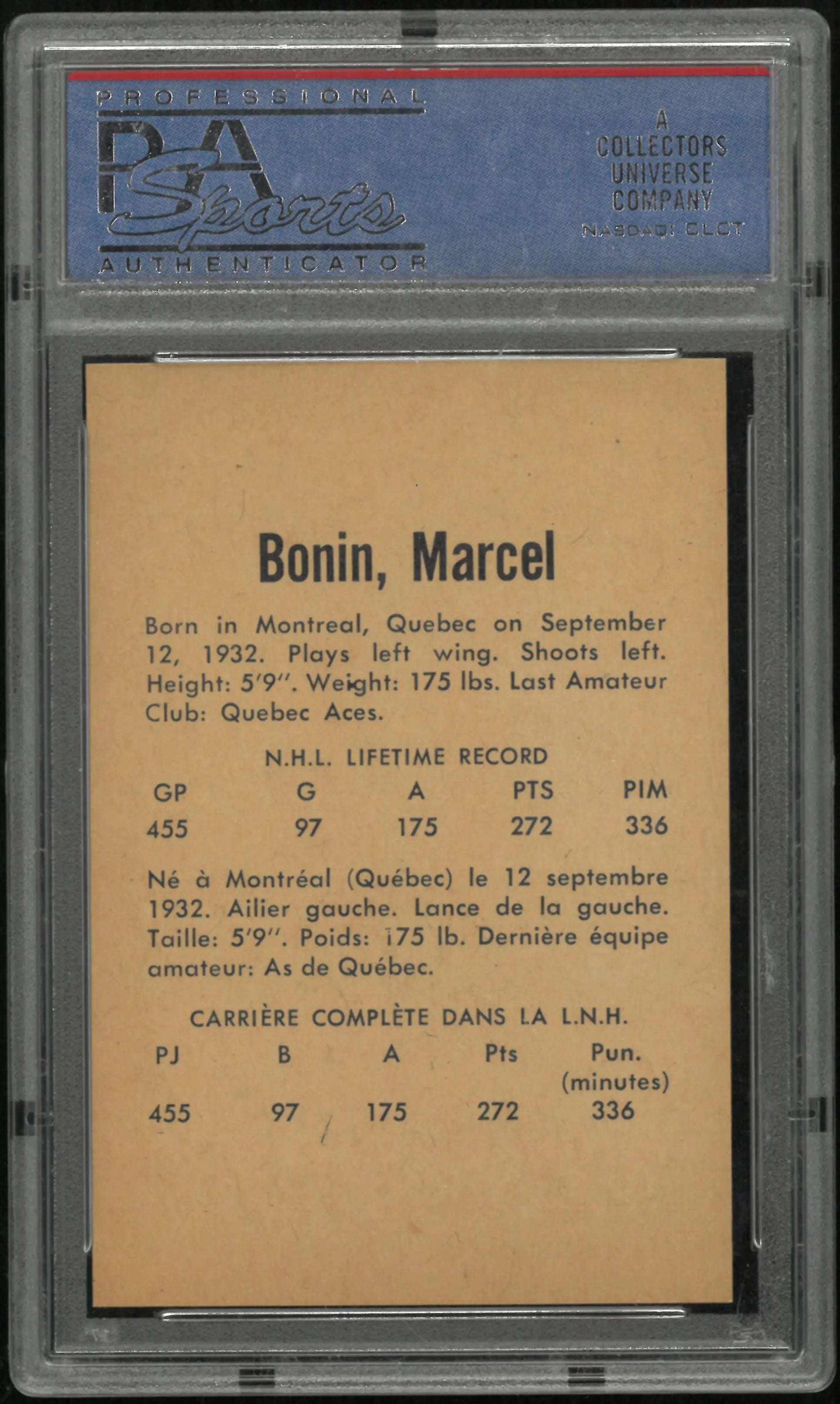 1962 Parkhurst Marcel Bonin PSA 8 