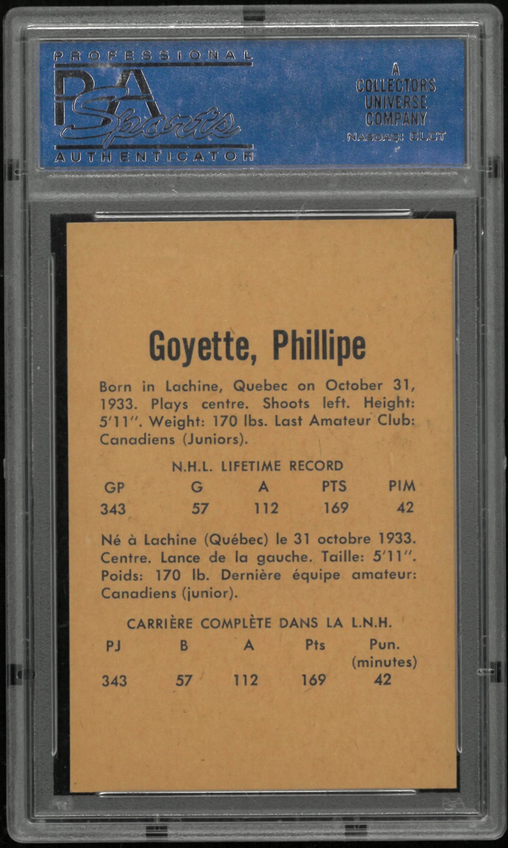 1962 Parkhurst Phil Goyette PSA 8 