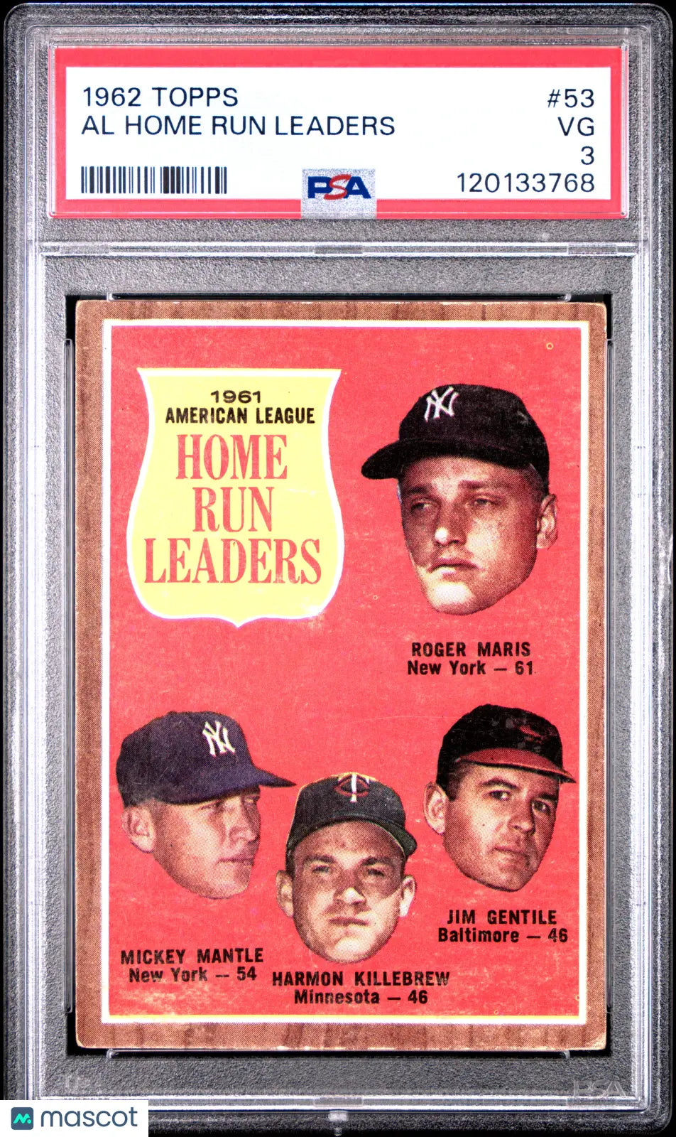 1962 Topps AL Home Run Leaders Marris Mantle Gentile Killebrew PSA 3 #53 
